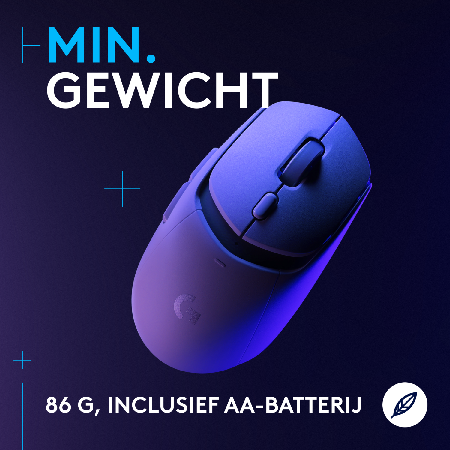 Blauwe en witte gamingmuis met een G-logo, op een donkere gradiënt achtergrond, met tekst.