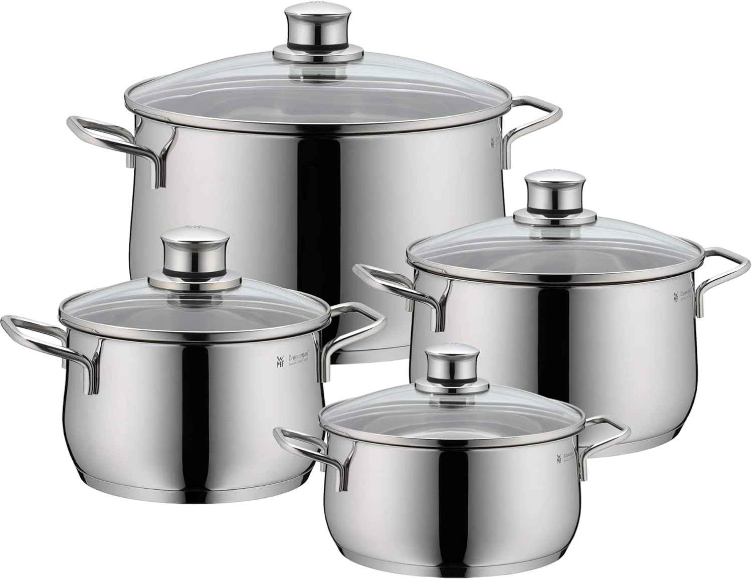 Ein Satz Edelstahl-Töpfe mit Glasdeckeln, verschiedene Größen.