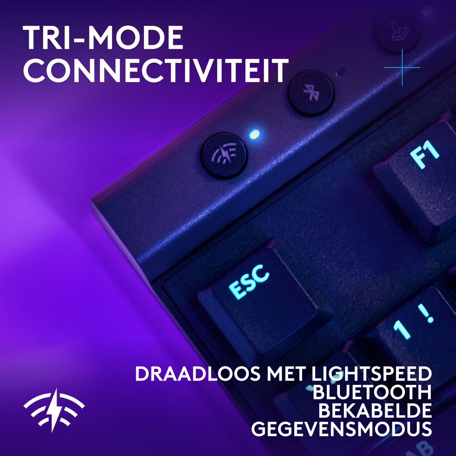 Close-up of keyboard with 'TRI-MODE CONNECTIVITY' and Bluetooth symbol. Buttons are visible.