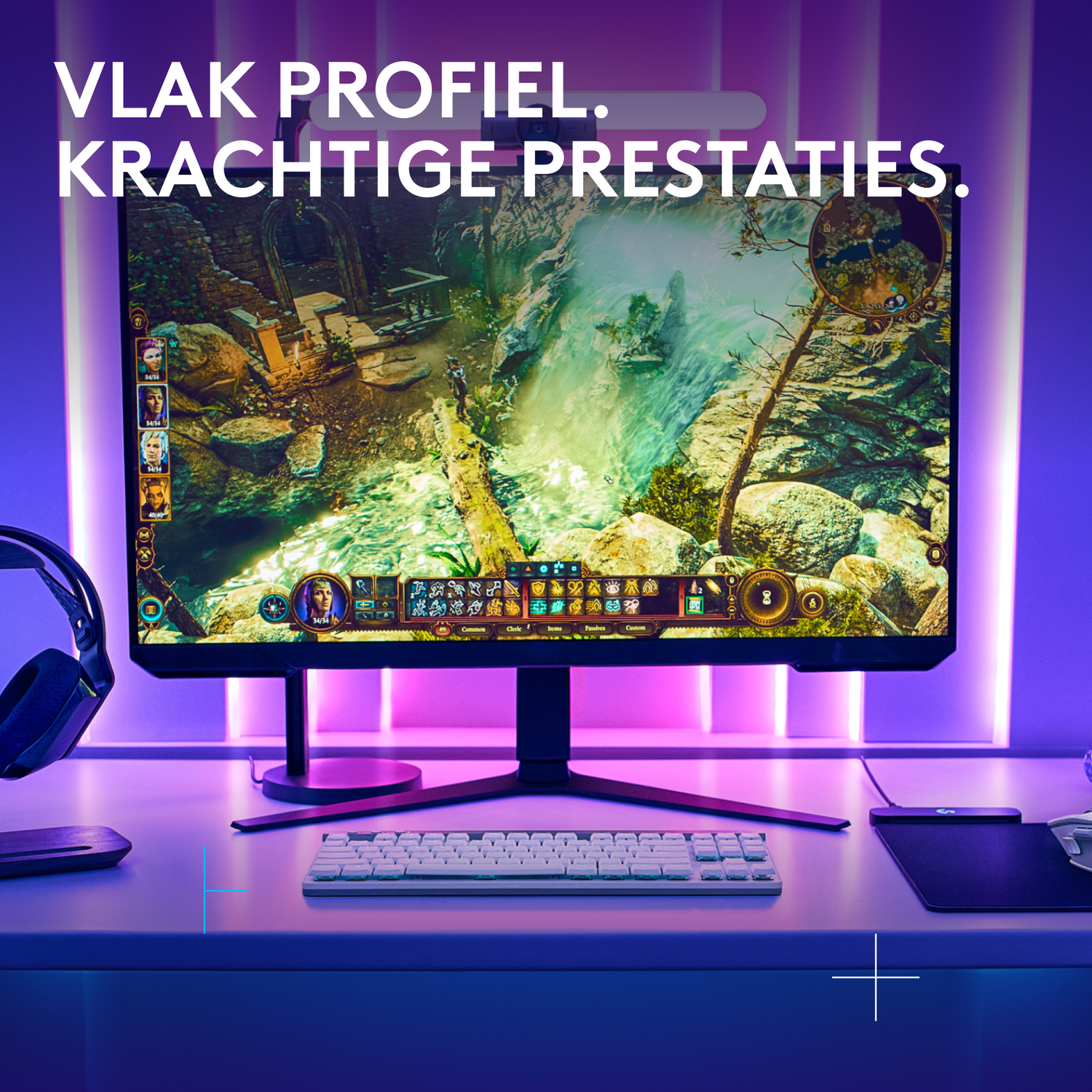 A gaming setup featuring a monitor displaying a game, keyboard, mouse, and headphones. The scene is lit with purple and white lights.
