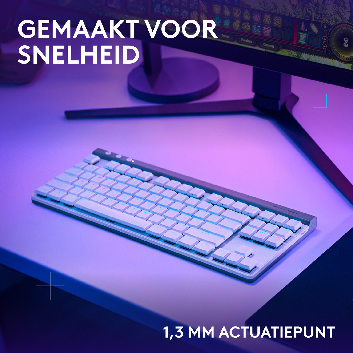 Keyboard on a desk, with white keys and blue/red lighting.