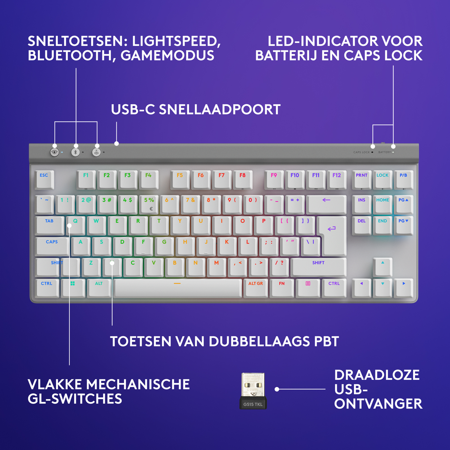 A white mechanical keyboard with multiple keys and a wireless USB receiver.