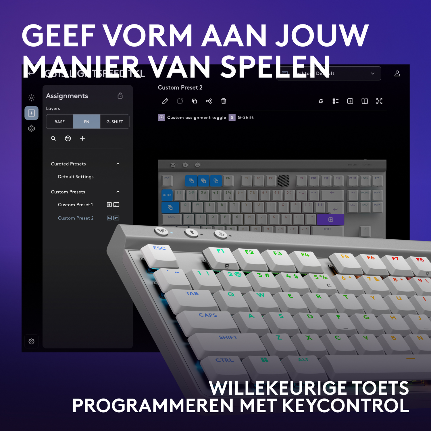 A keyboard with a screen displaying settings. The text says 'GEEF VORM AAN JOUW MANIER VAN SPELEN'.