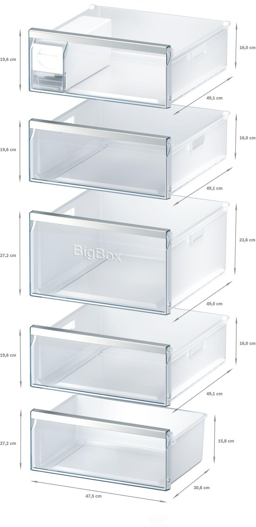 Das Bild zeigt transparente Kühlschubladen mit in Zentimetern beschrifteten Abmessungen.