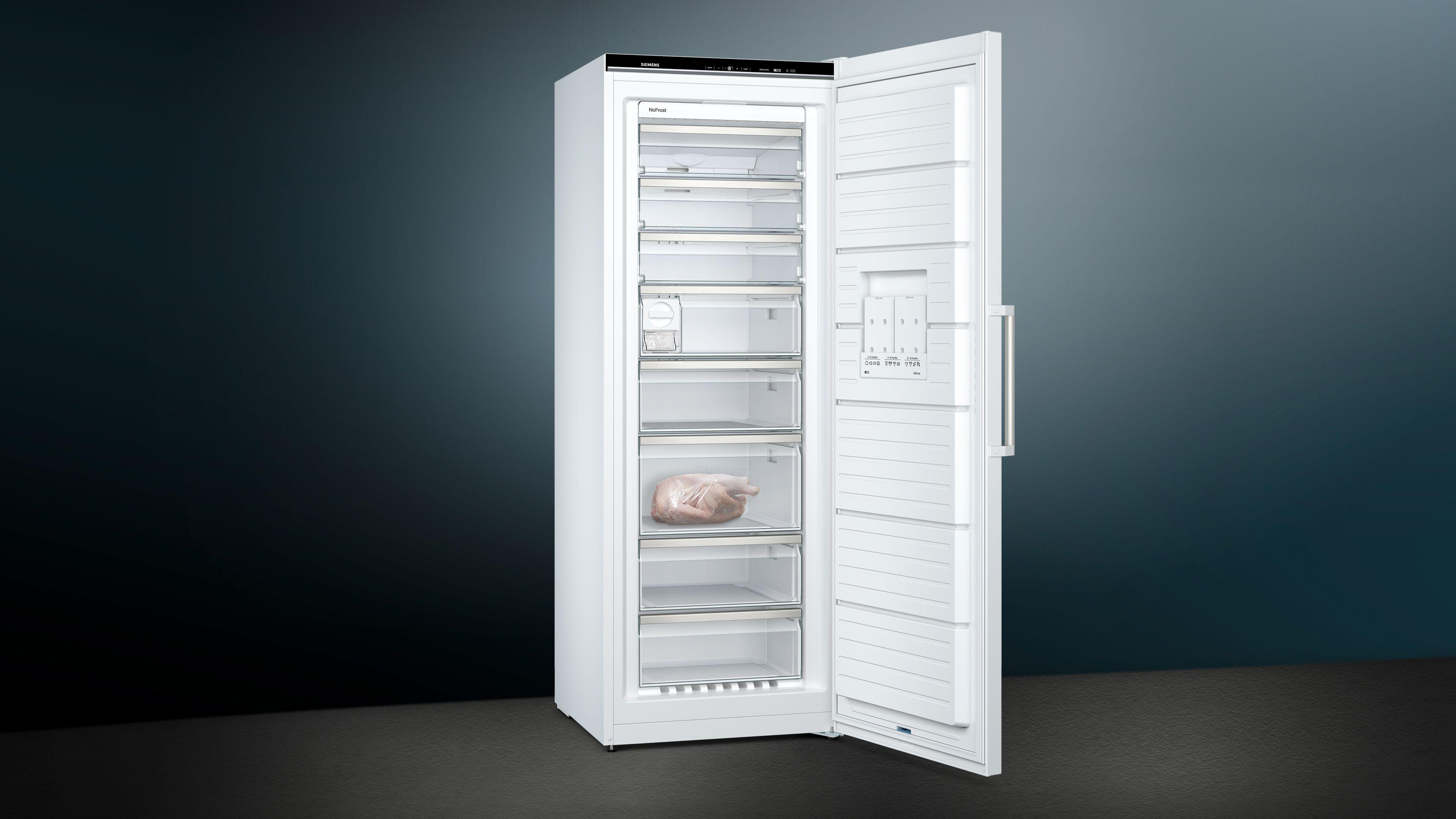 Weißer Gefrierschrank, Tür offen, zeigt Regale und ein gefrorenes Objekt. Grauer Hintergrund.