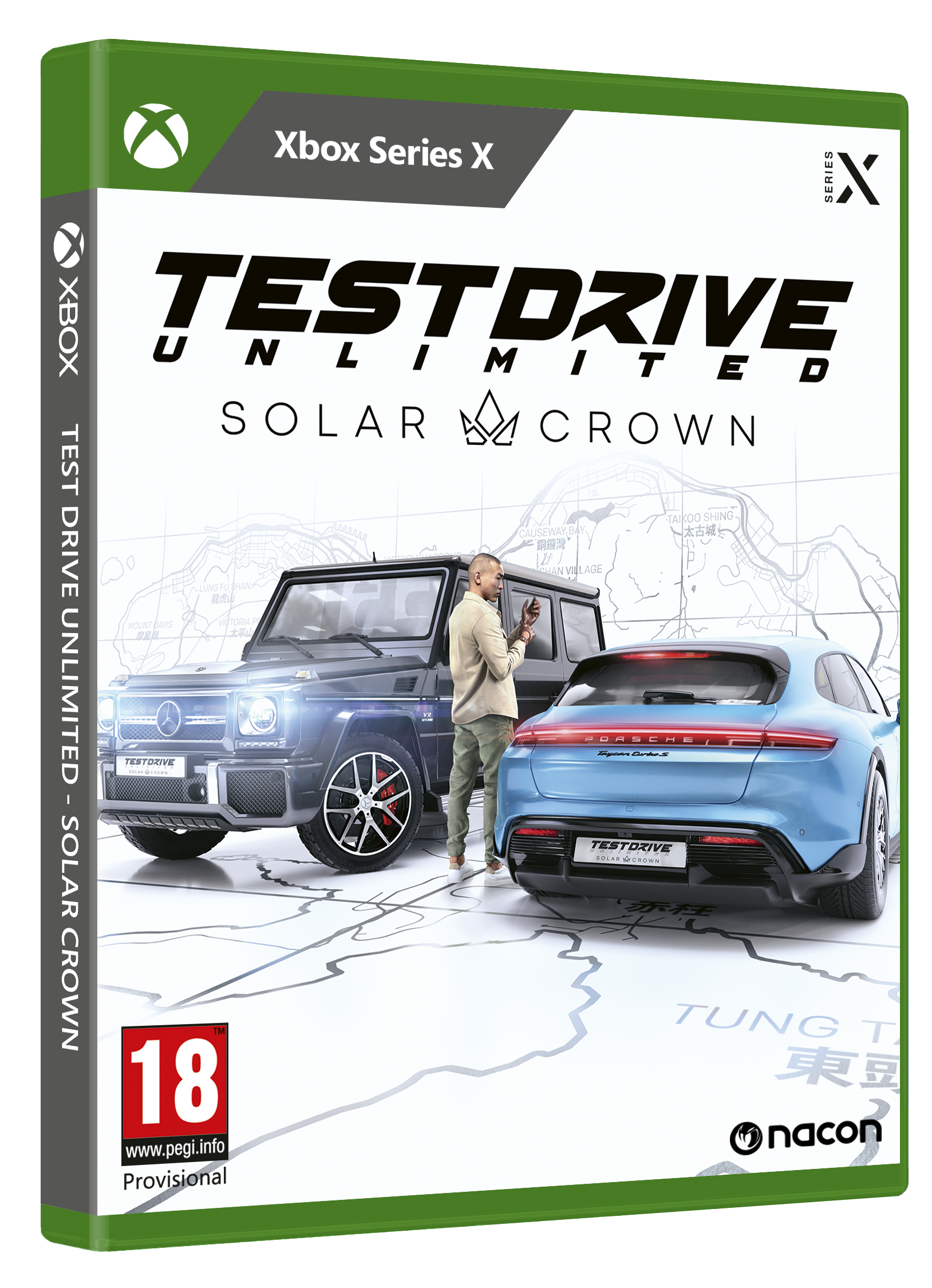 Portada del juego: Un hombre está entre un SUV negro y un deportivo azul. Título 'Test Drive Unlimited Solar Crown'.