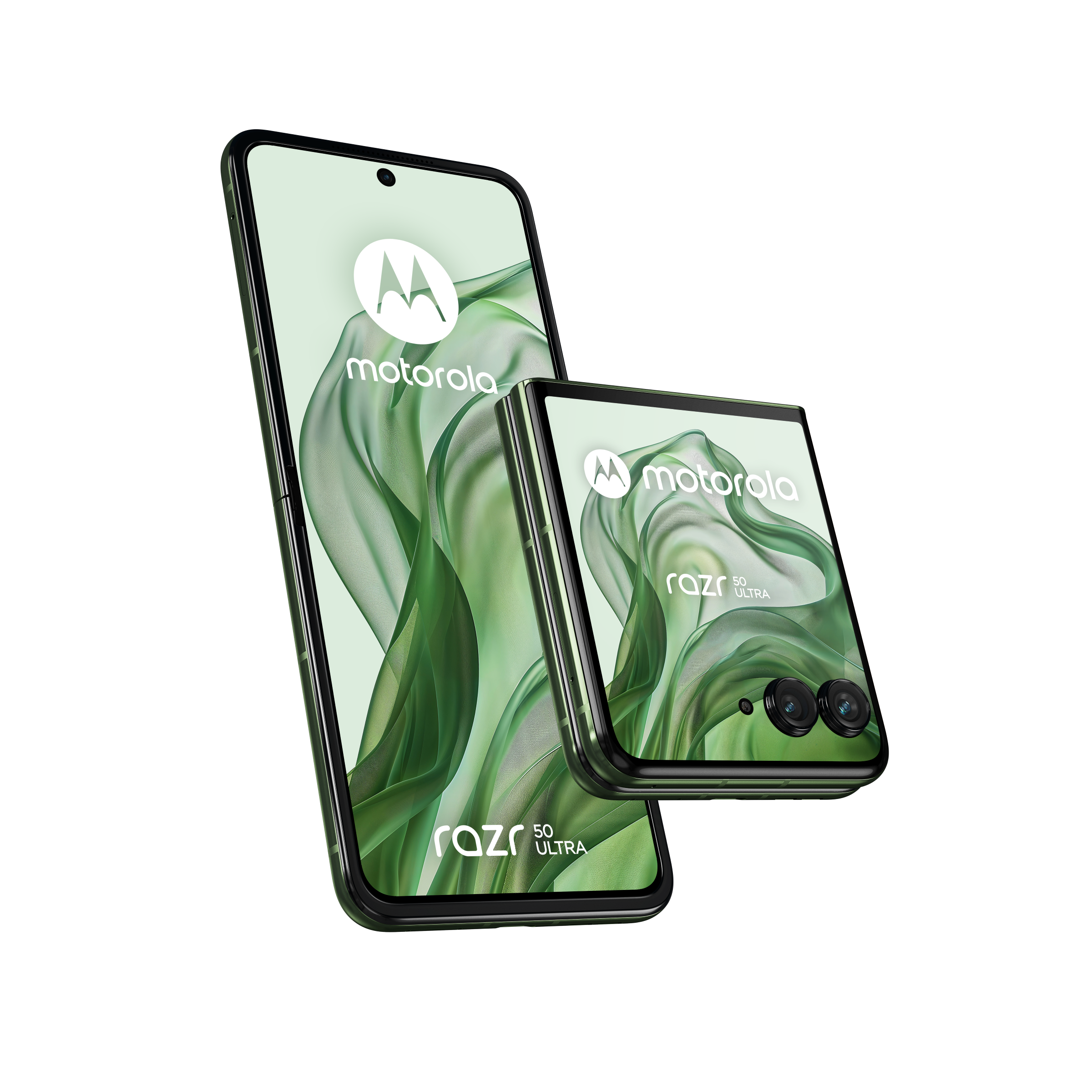 Teléfono Motorola Razr 50 Ultra. Se muestran dos teléfonos, uno plegado, con fondo verde.