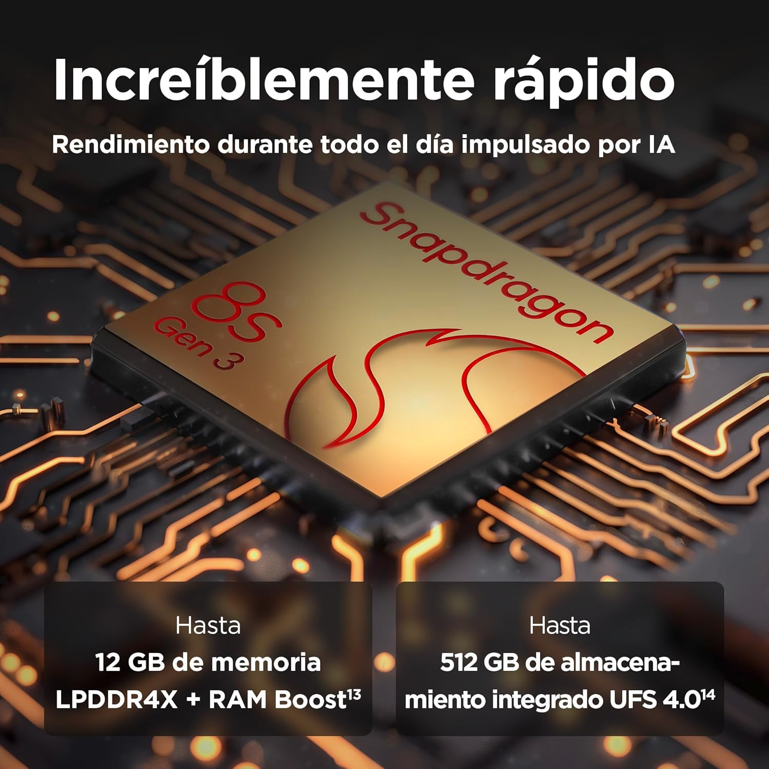 Chip Snapdragon 8S Gen 3 dorado con texto y detalles de memoria y almacenamiento.
