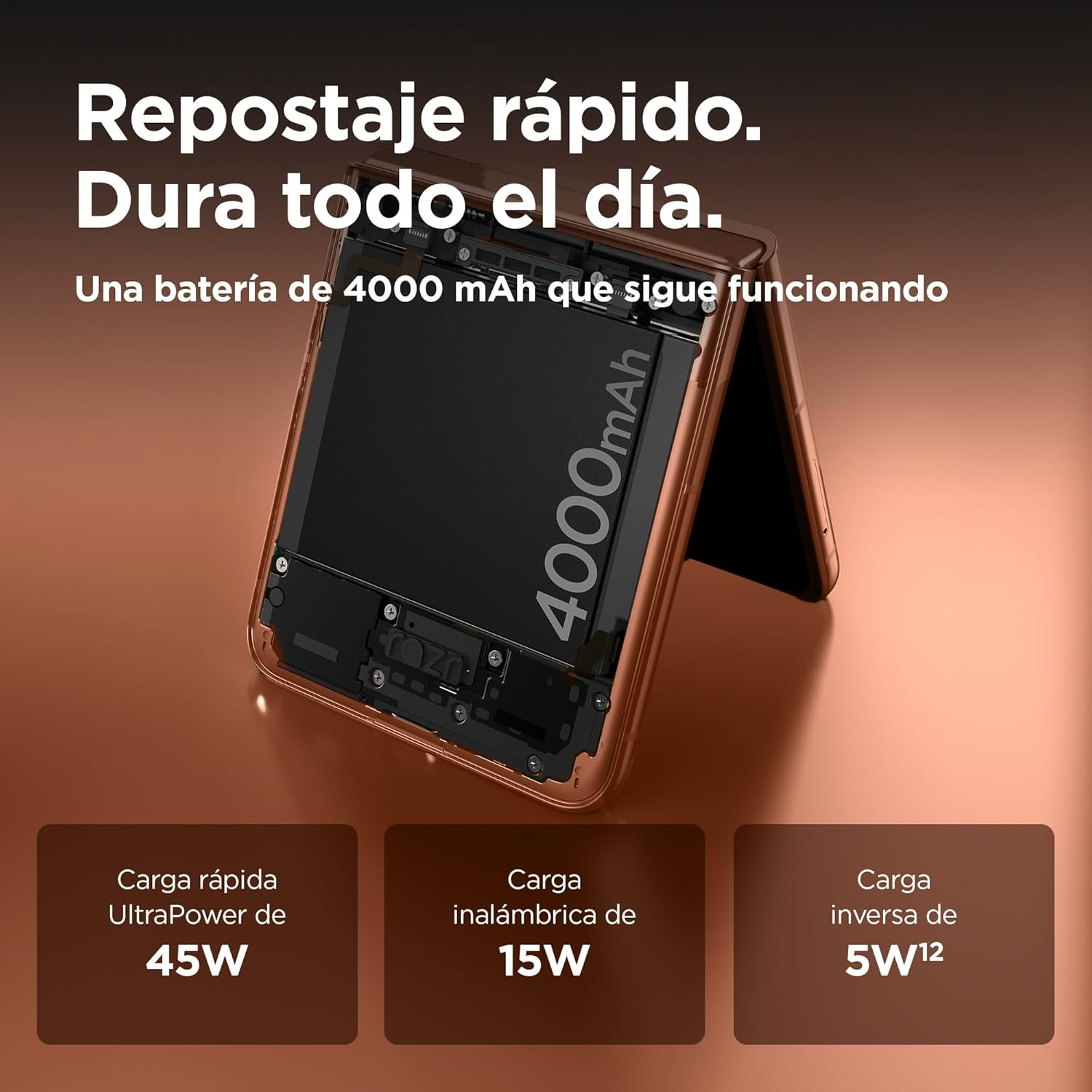 Teléfono abierto con imagen de batería y texto sobre carga rápida e inalámbrica. Superficie marrón.