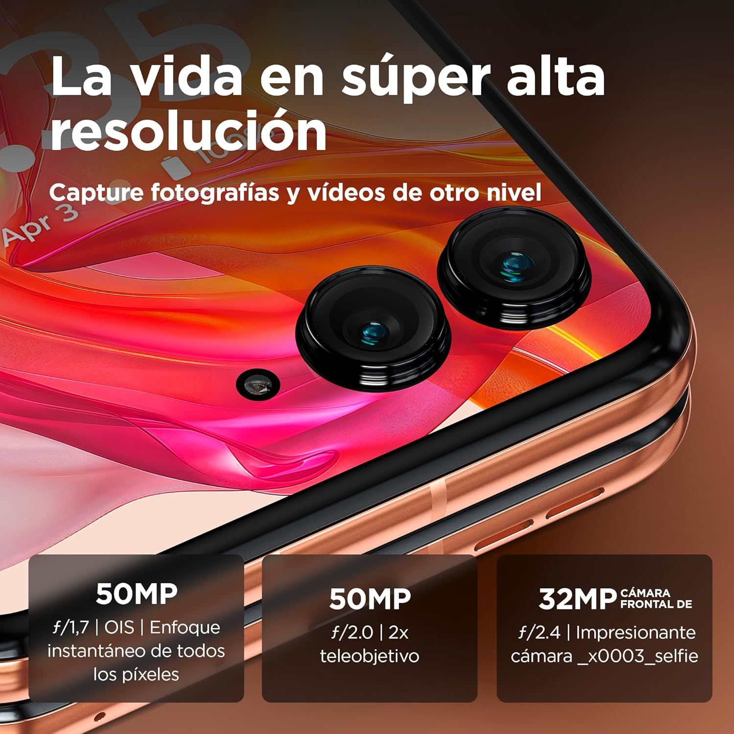 Primer plano de un smartphone con dos cámaras y texto en la pantalla.