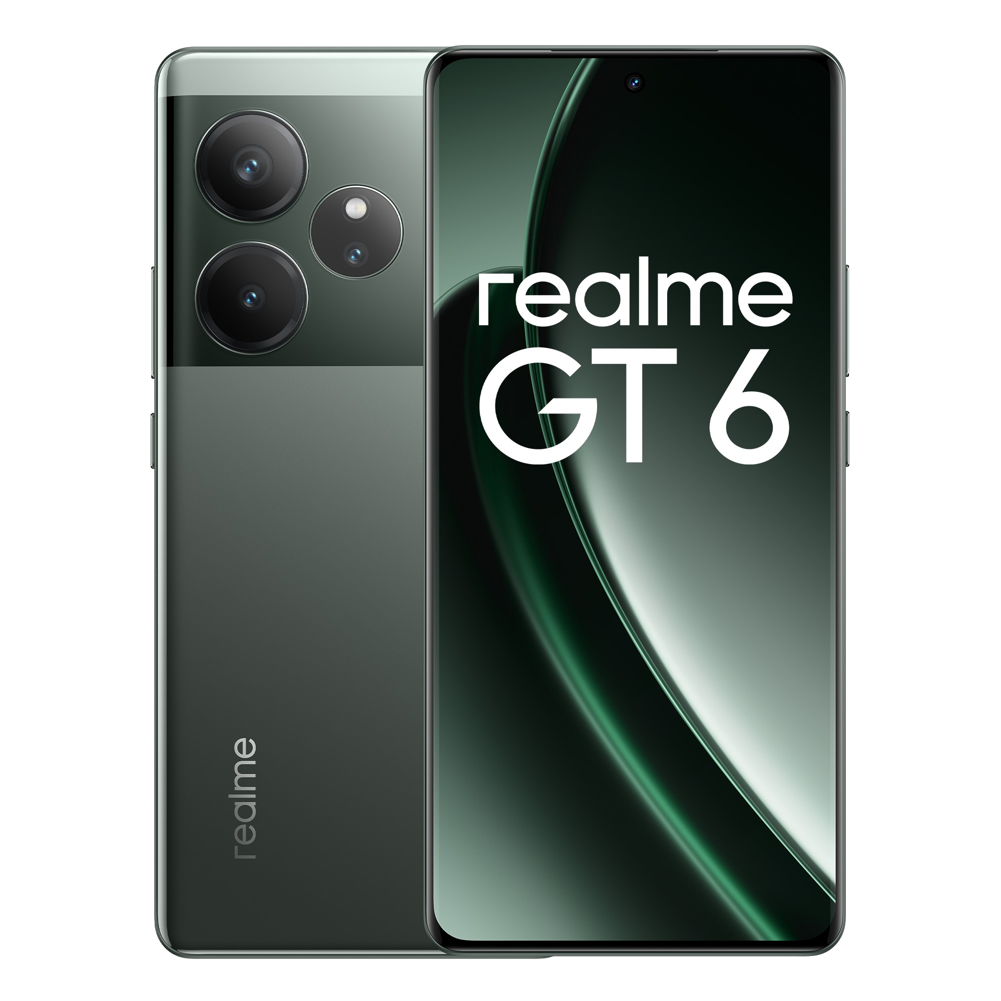 Un teléfono inteligente verde con múltiples cámaras en la parte trasera y las palabras 'realme GT 6'.