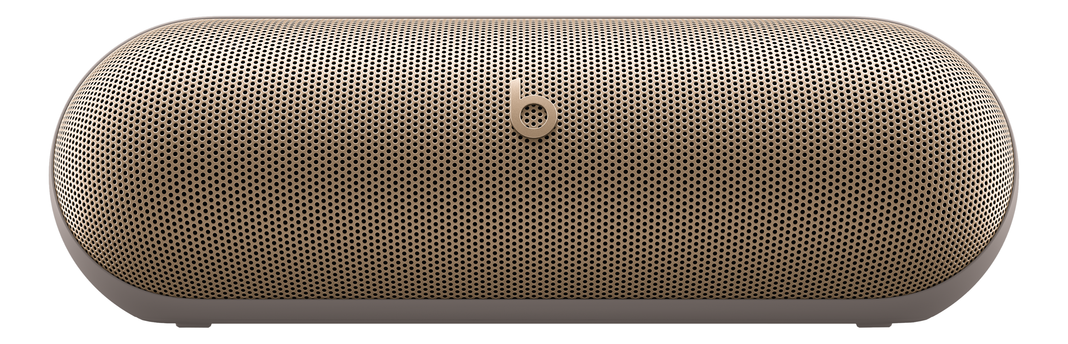 Haut-parleur Beats beige avec un design en mesh et le logo Beats. Il a une forme arrondie.