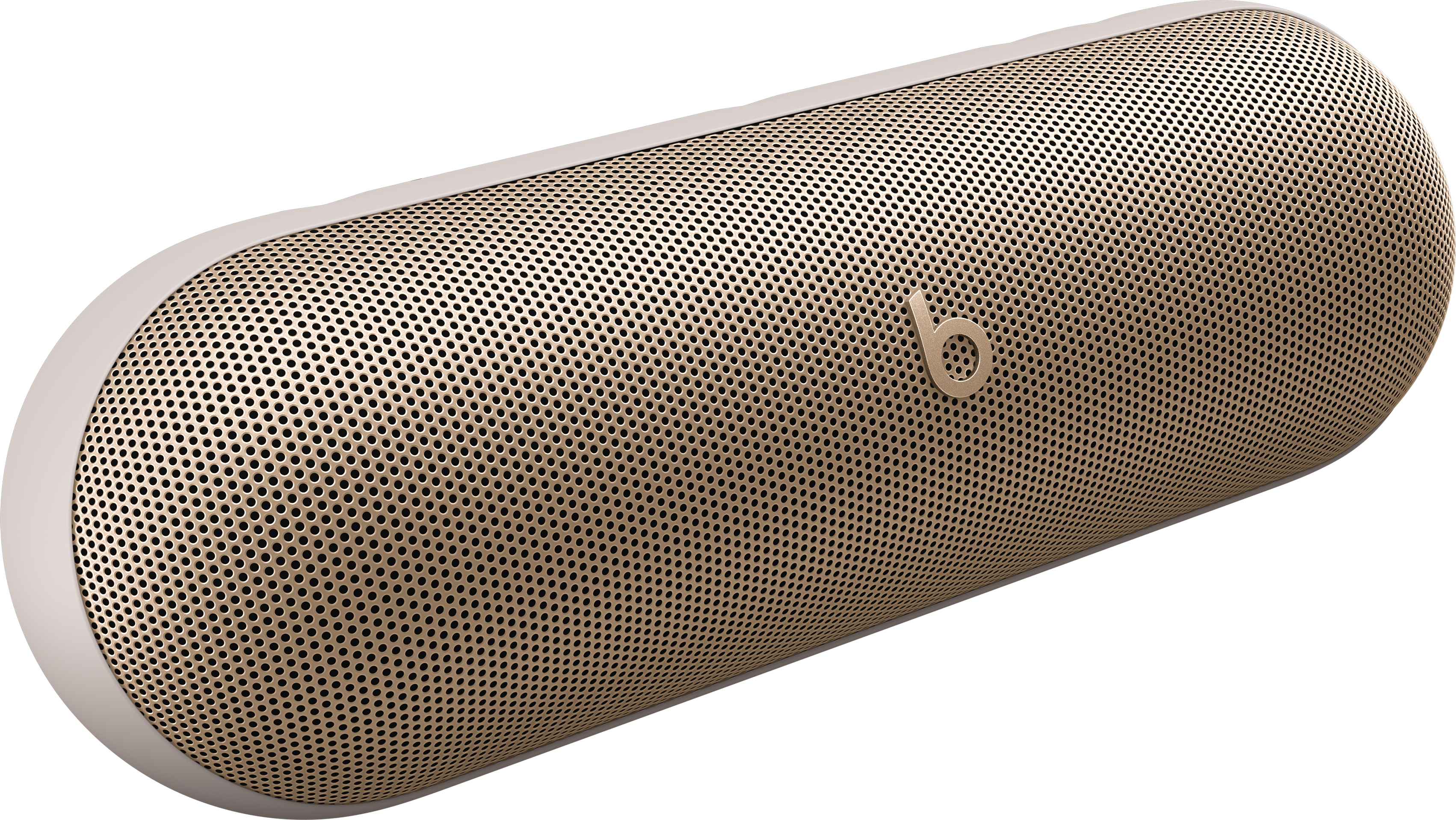 Un haut-parleur Beats de couleur or. Le haut-parleur est de forme ovale avec une façade en maille et un logo 'b'.