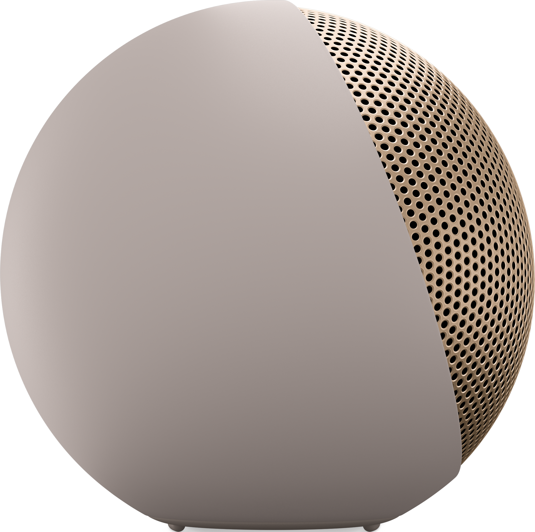 Un haut-parleur, moitié beige et moitié une grille avec des trous. Il est sur un fond noir.