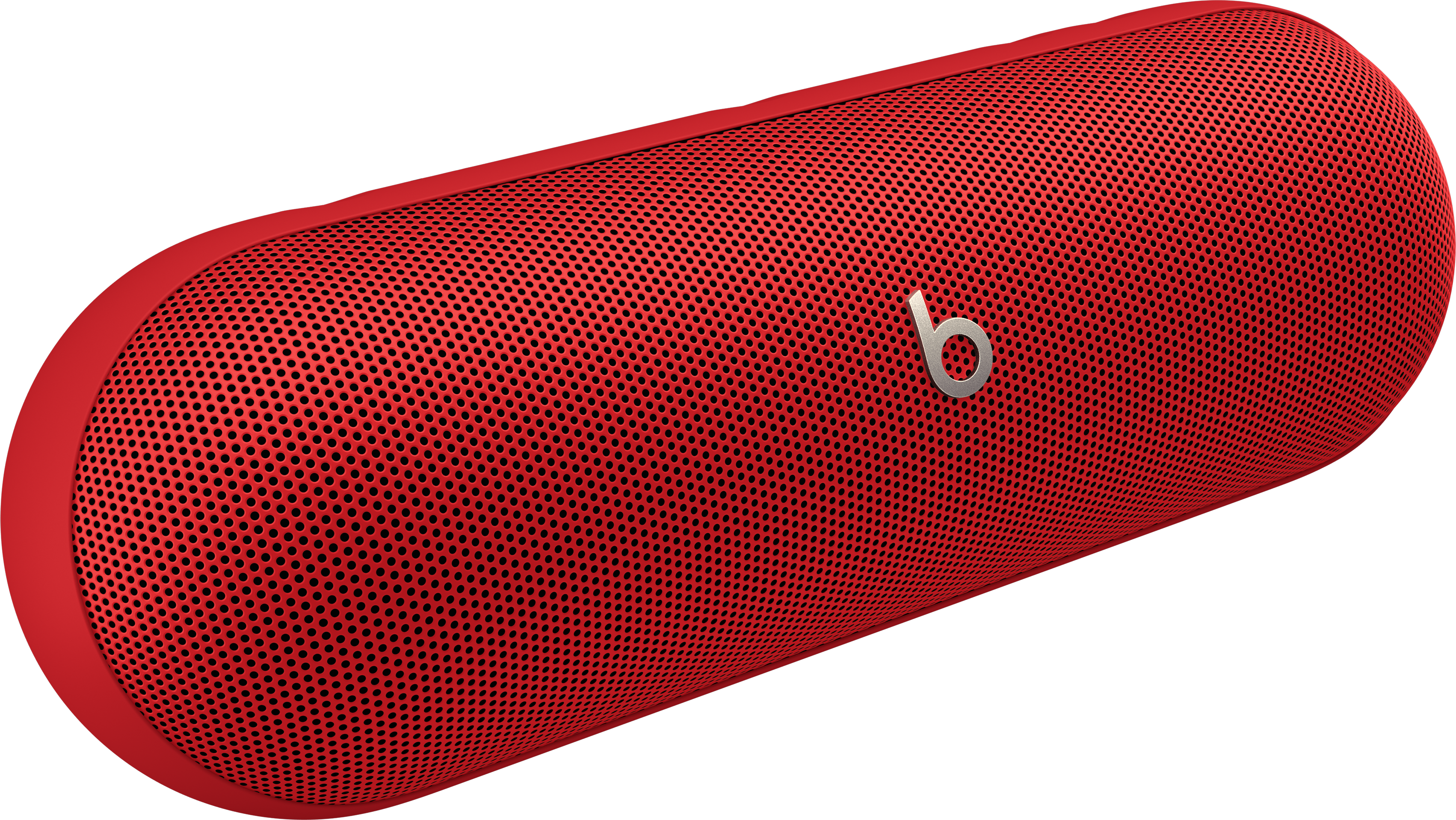 Une enceinte Beats rouge avec le logo "b" argenté sur le devant. Sur fond noir.
