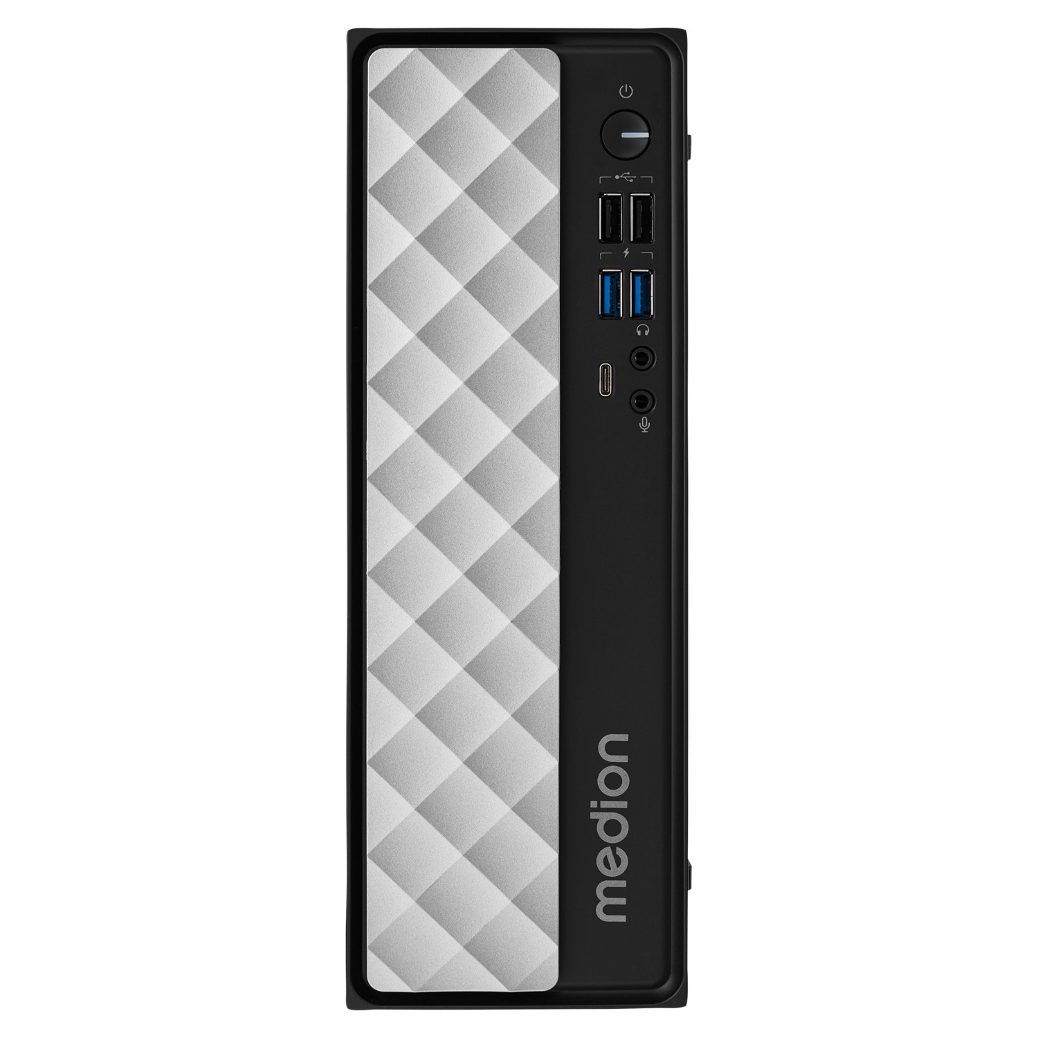 Medion desktop computer, vooraanzicht. Zilveren diamantpatroon aan één kant, zwart aan de andere kant.