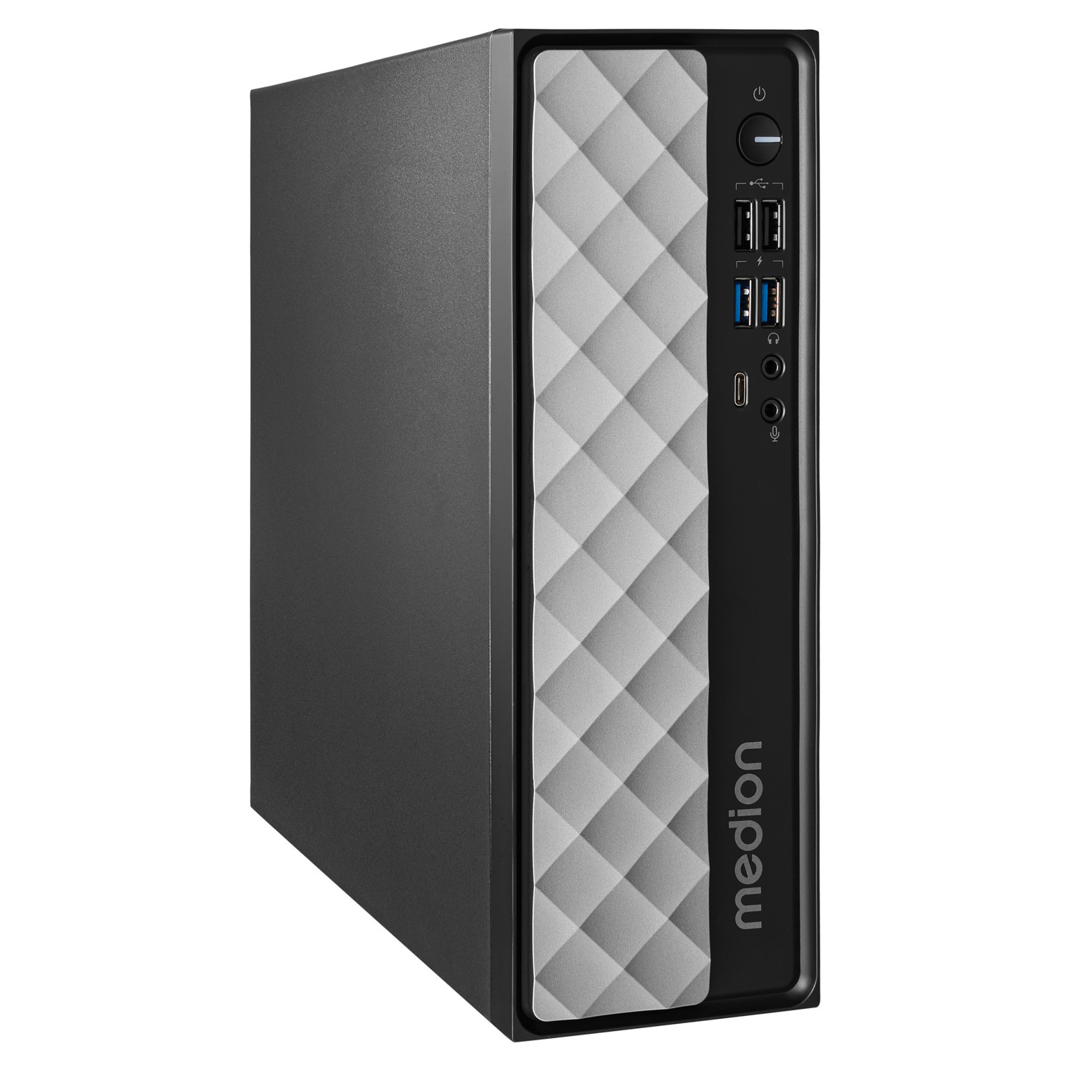 Zwarte en grijze computertoren met een ruitpatroon op het voorpaneel.