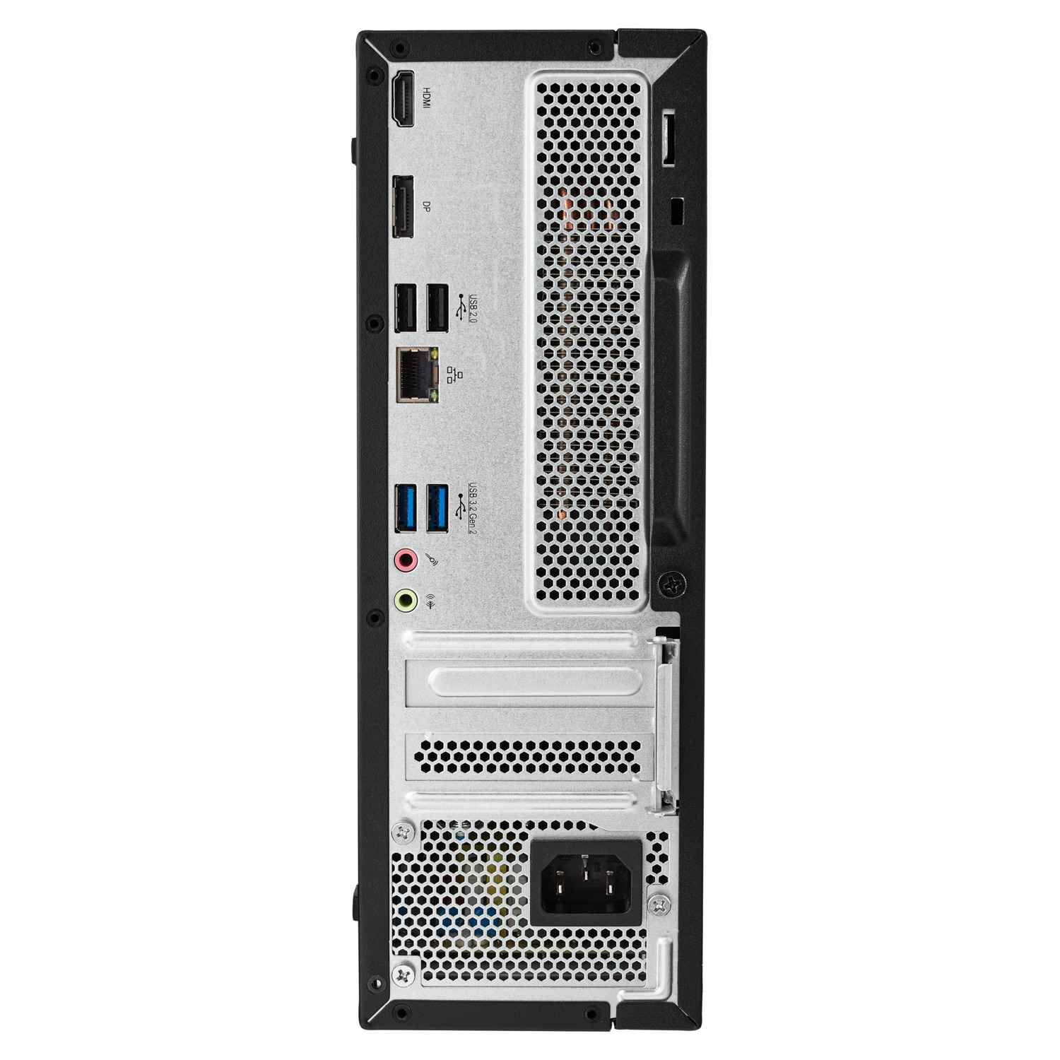 Achterkant van een zwarte computertoren met diverse poorten, ventilatie en een voedingspoort.