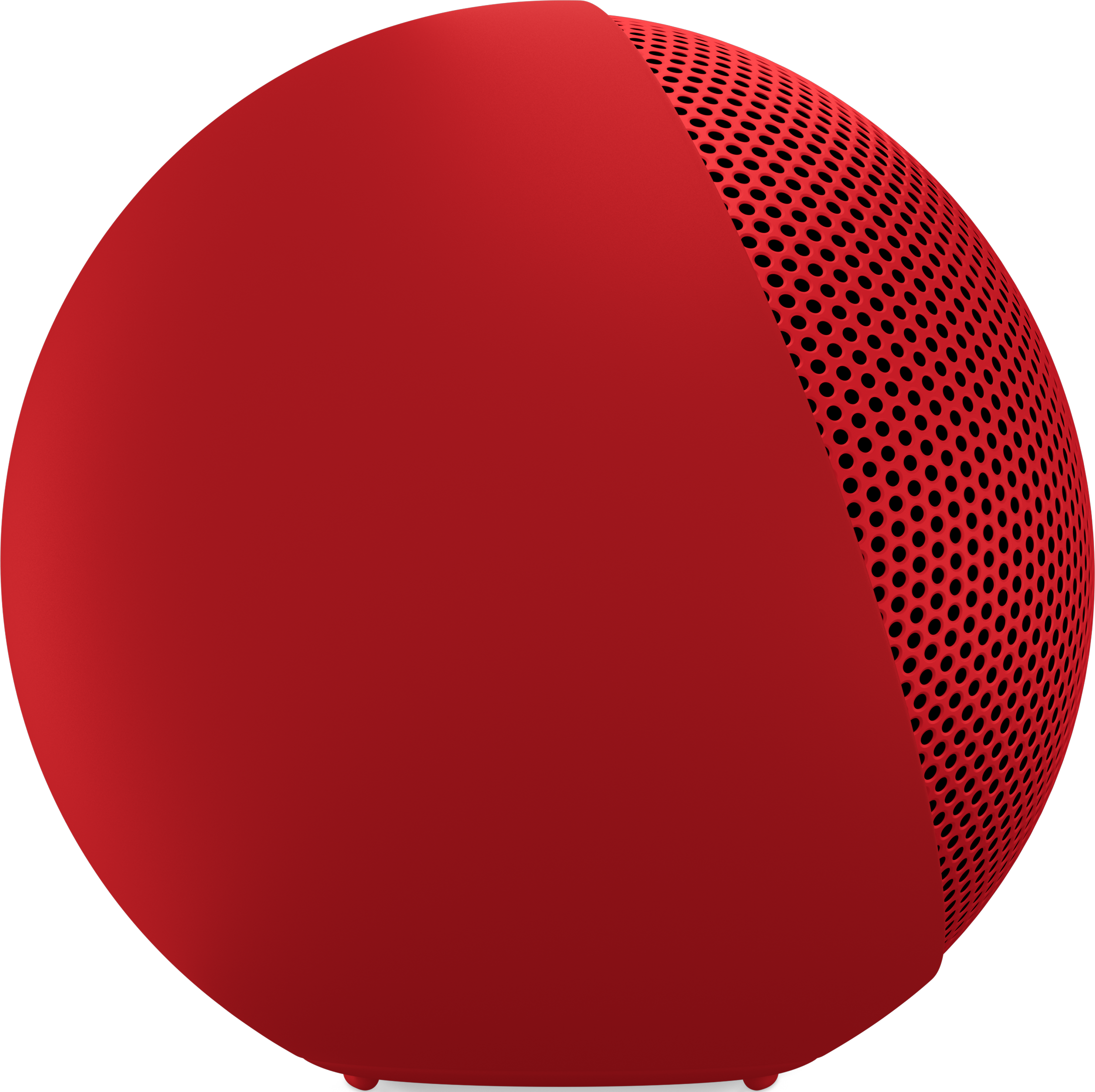 Haut-parleur rond rouge avec grille noire sur le côté droit.