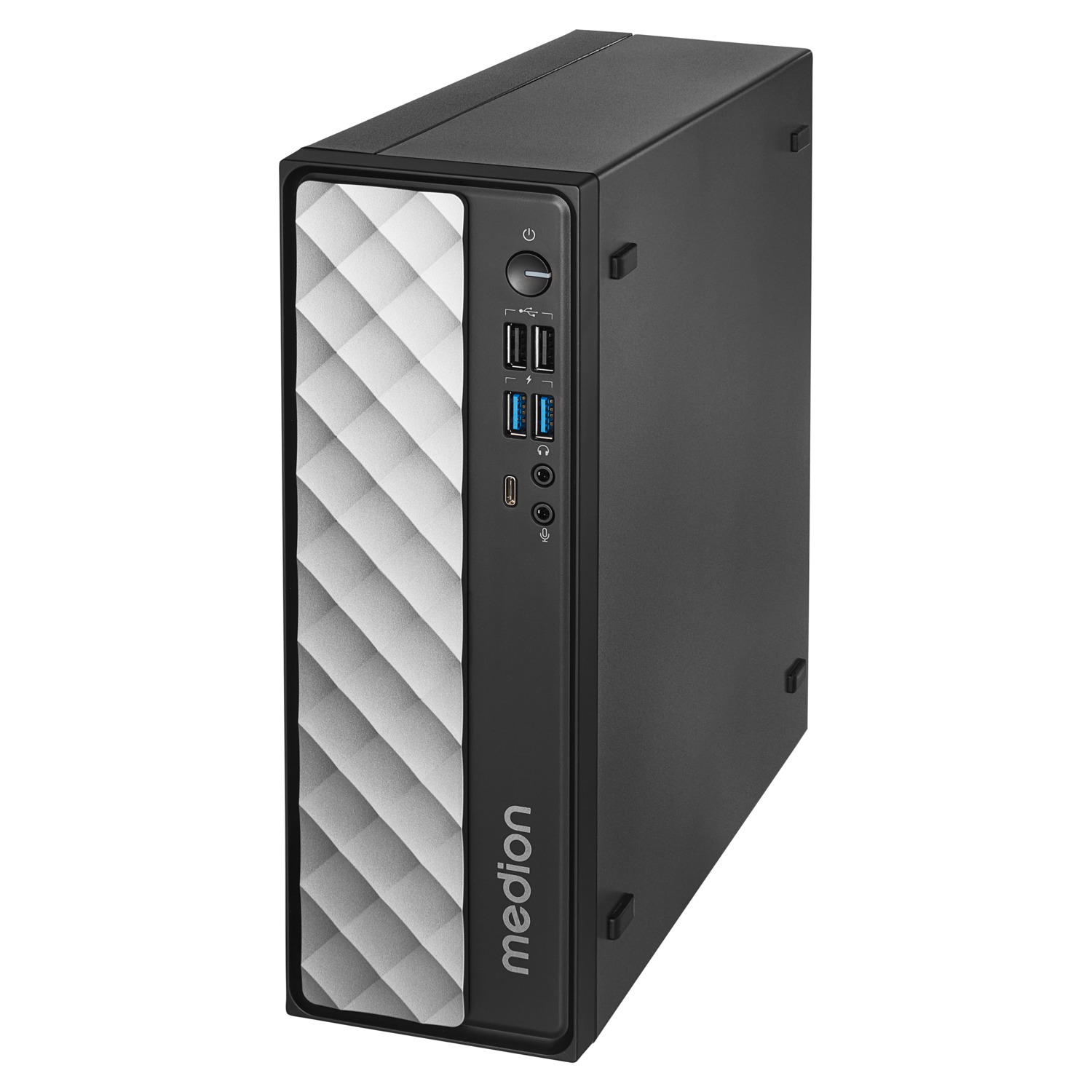 Zwarte computertoren met een patroon op het voorpaneel en de merknaam 'medion'.