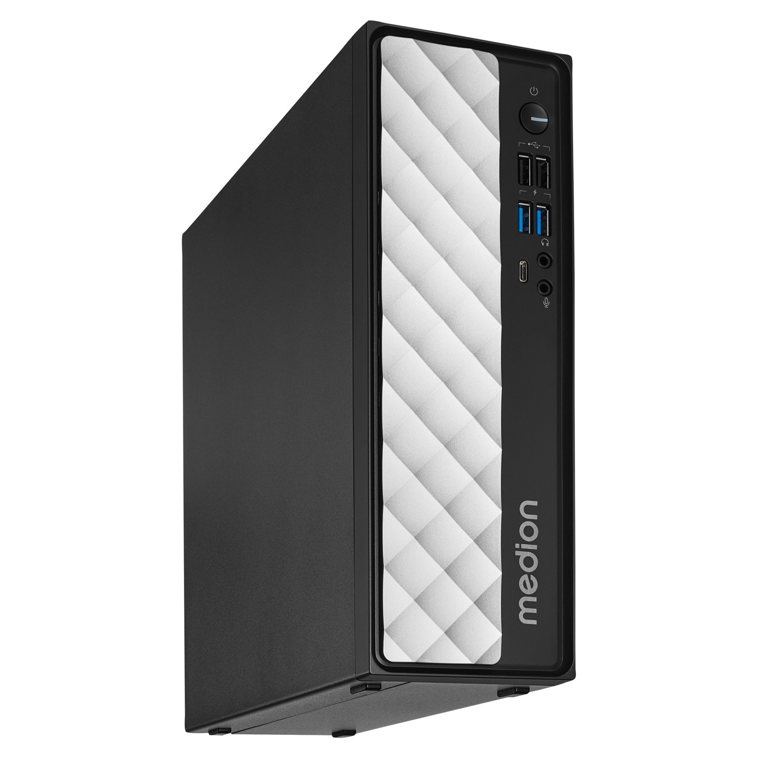 Zwarte Medion pc-toren met witte diamantpatroon voorkant. Poorten en aan/uit-knop rechts.