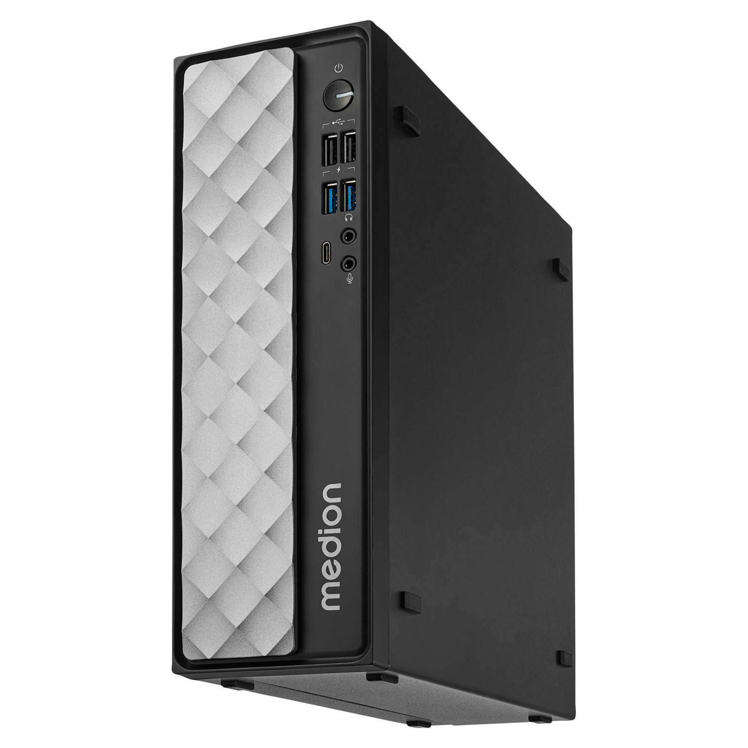 Medion pc-toren, zwart en wit, schuine weergave.
