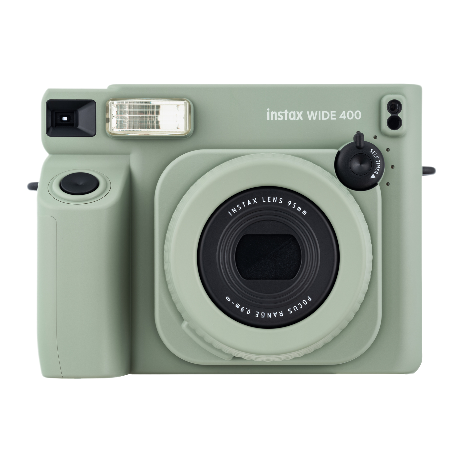 Een mintgroene Instax Wide 400 instant camera met een zwarte lens en flitser.
