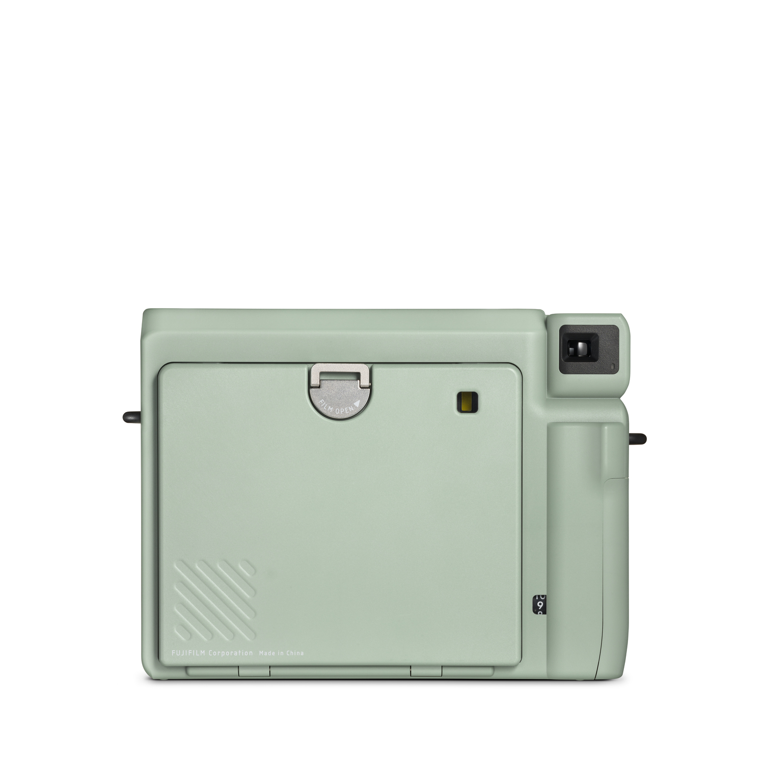 Achterkant van een mintgroene instant camera. Inclusief filmdeur, zoeker en andere componenten.