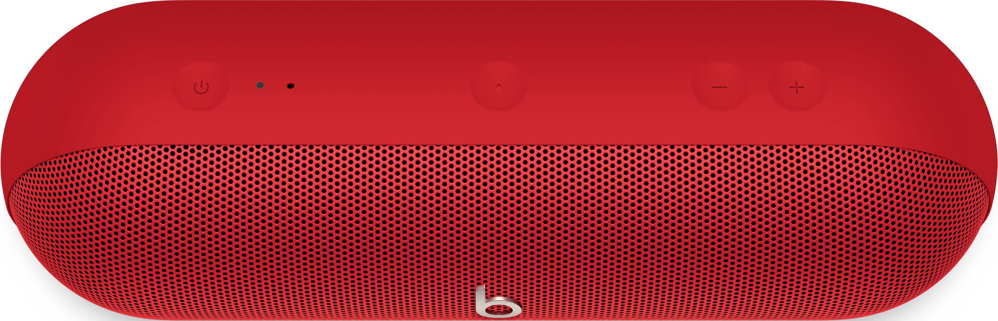 Haut-parleur Beats rouge, vue de dessus, avec boutons et logo.