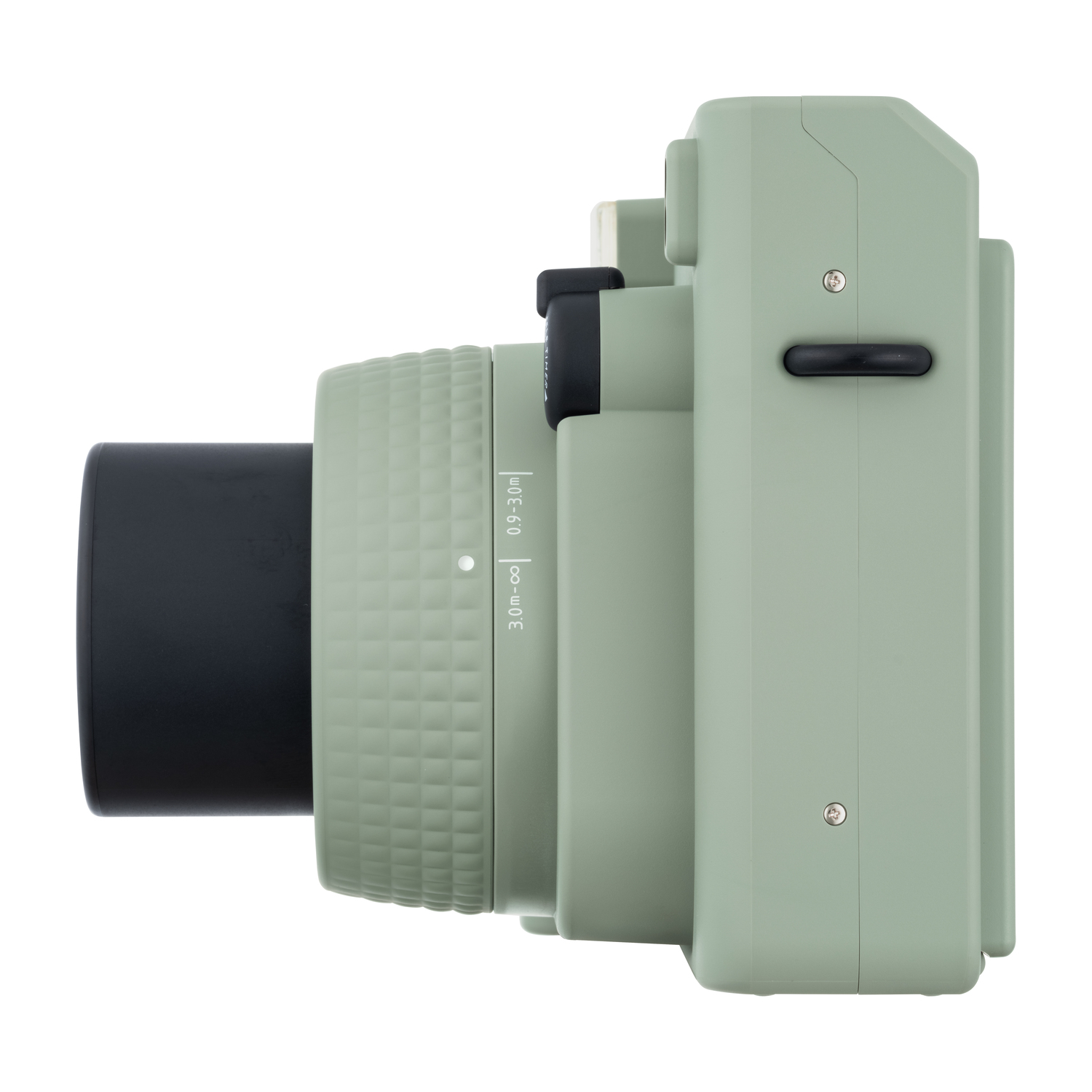 Zijaanzicht van een mintgroene instant camera met een zwarte lens.