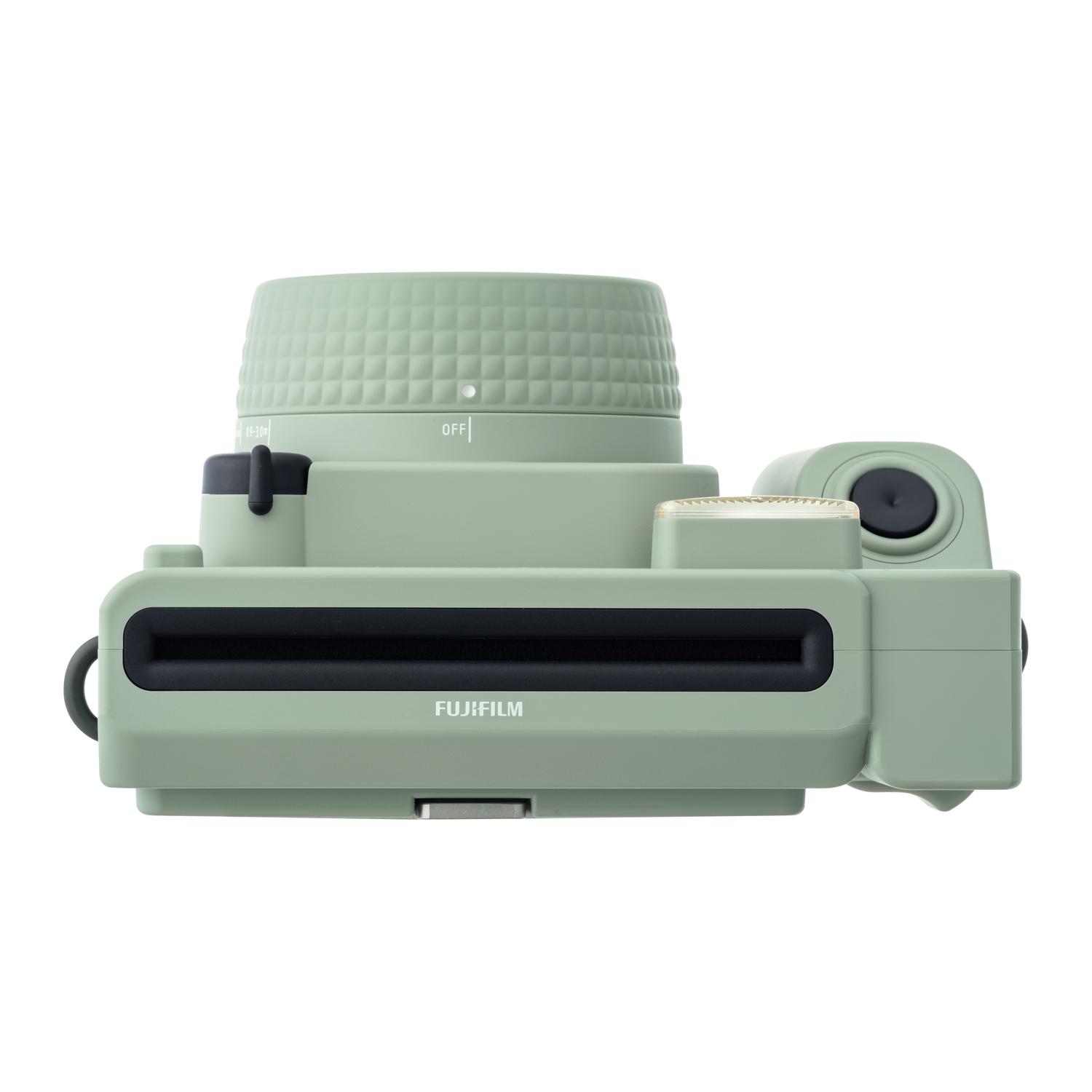 Bovenaanzicht van een mintgroene Fujifilm Instax camera, met zwarte accenten en een ronde lens.