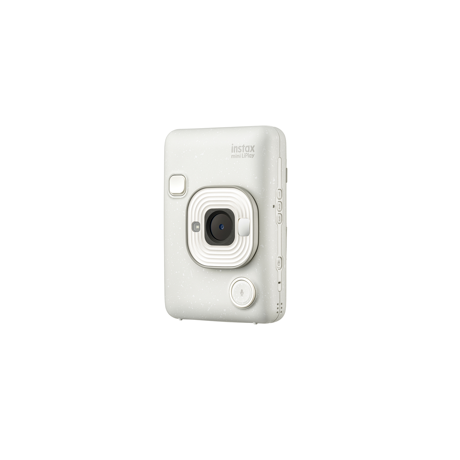 A white Instax Mini LiPlay camera with a round lens and buttons, isolated on a white background.