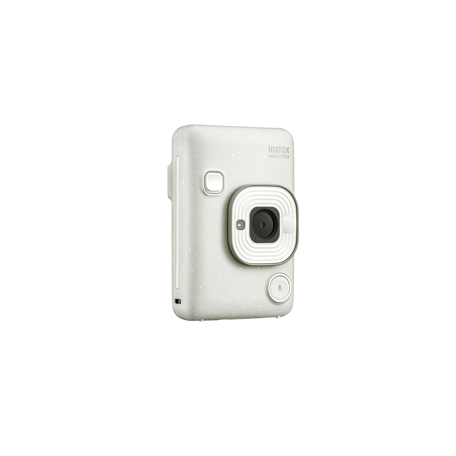 White Instax Mini Liplay camera. Buttons and a lens are visible. White background.