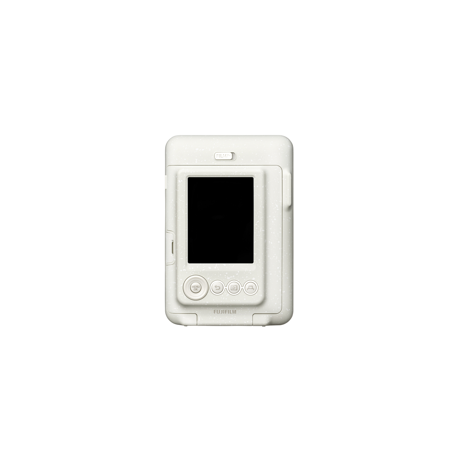 White instant camera with a black screen. It has rounded edges and three buttons below the screen.