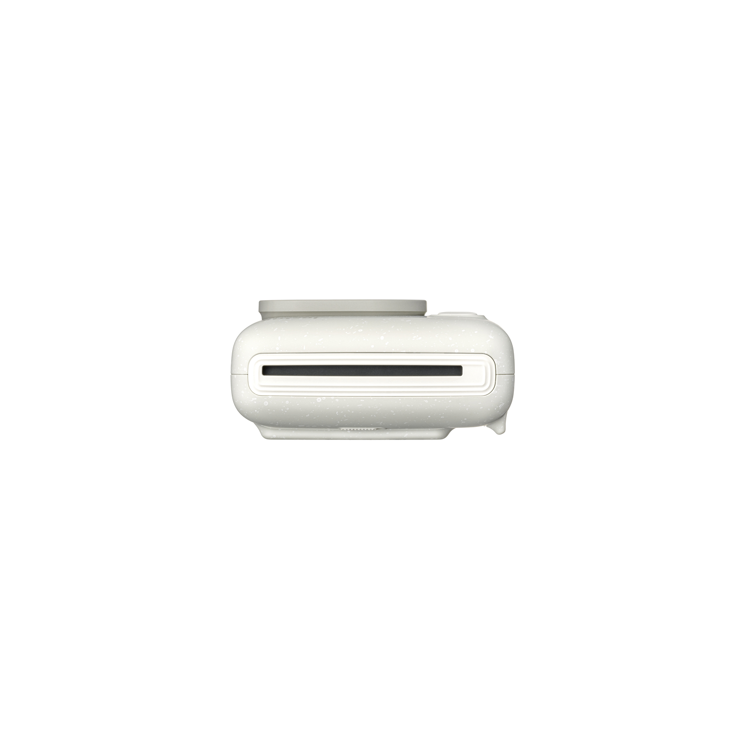 Top view of a white and speckled instant photo printer, with a gray top and a slot for the photos.