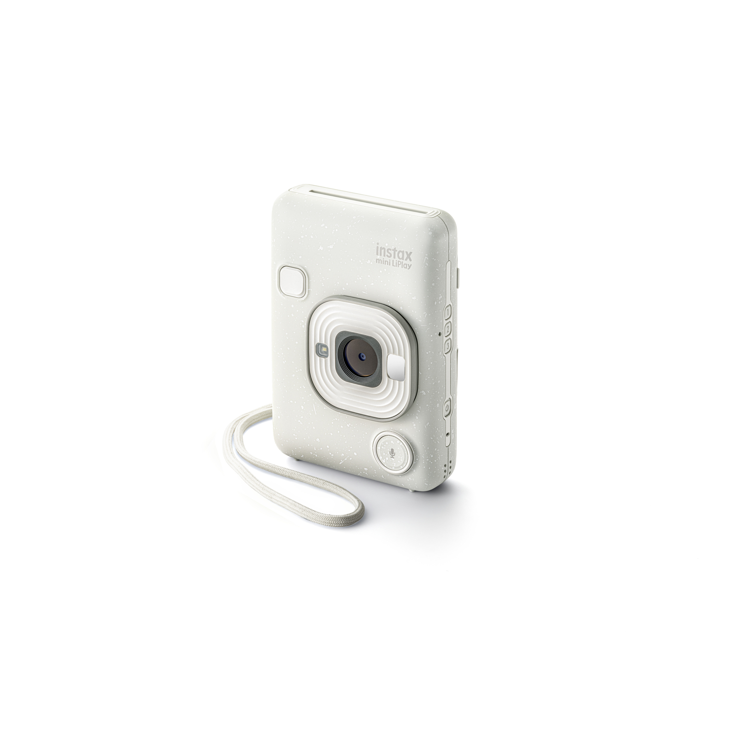 A white Instax Mini LiPlay camera on a white surface, with a white wrist strap. It has a lens and buttons.