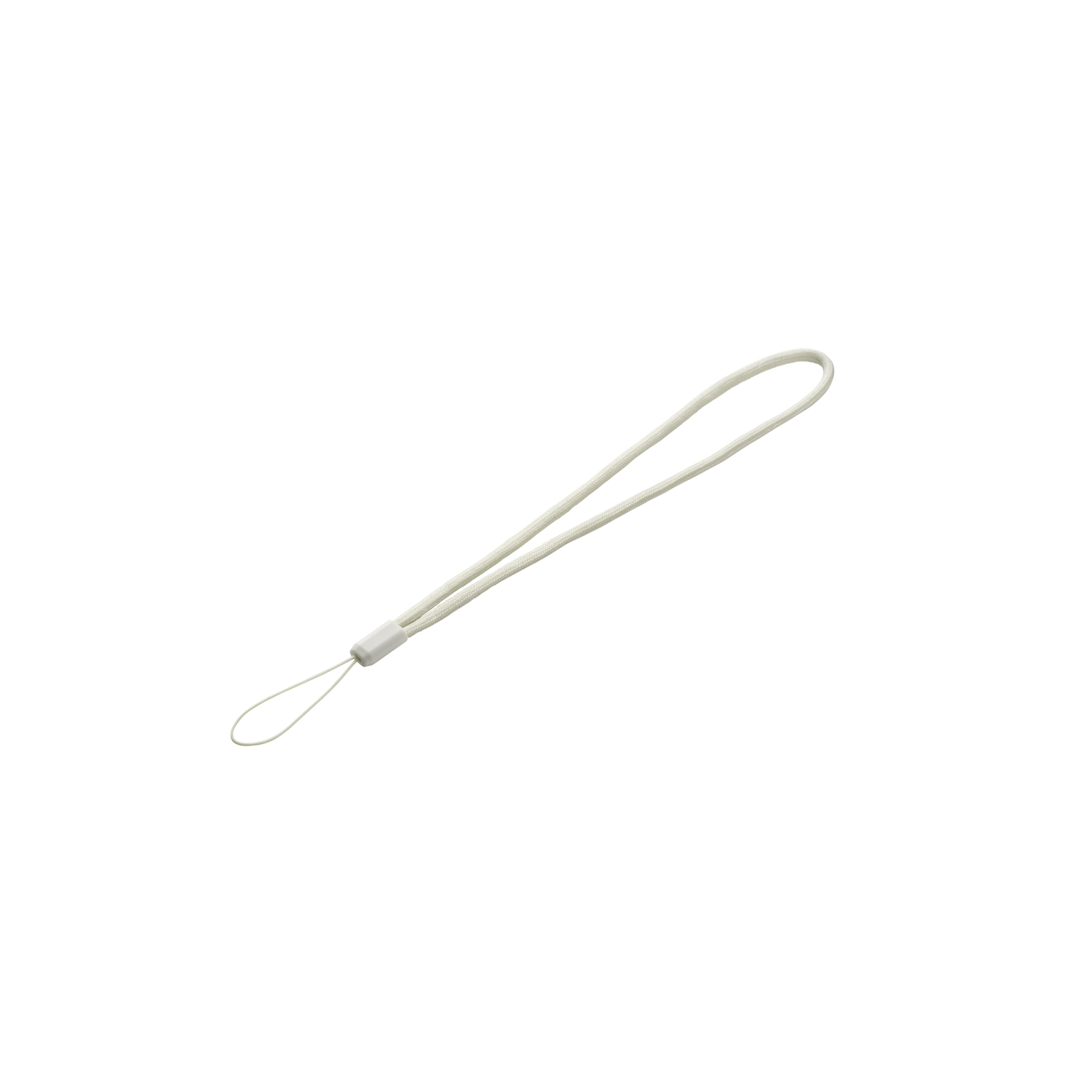 A white wrist strap with a small loop at one end and a connector on the other end.