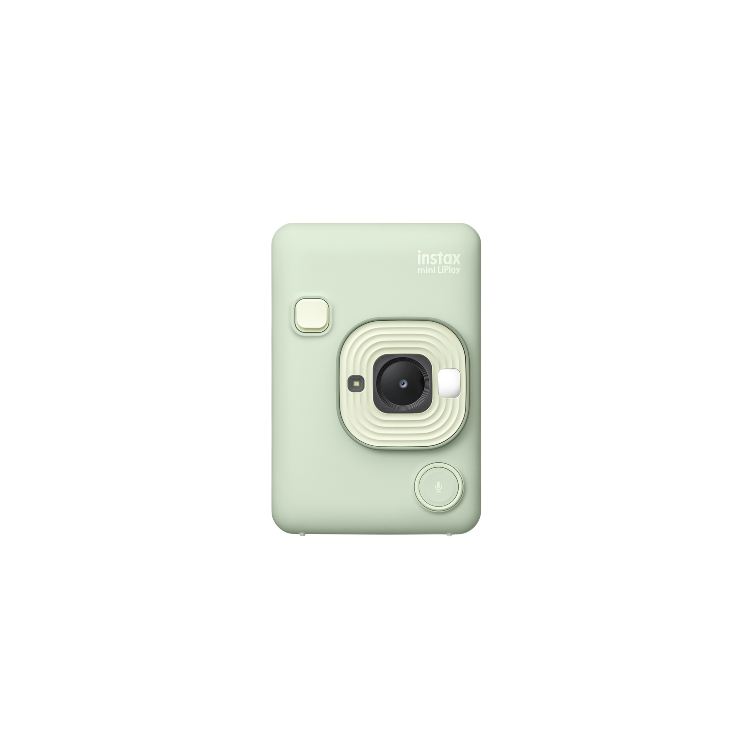 Mint green Instax mini LiPlay camera with a black lens and white buttons.