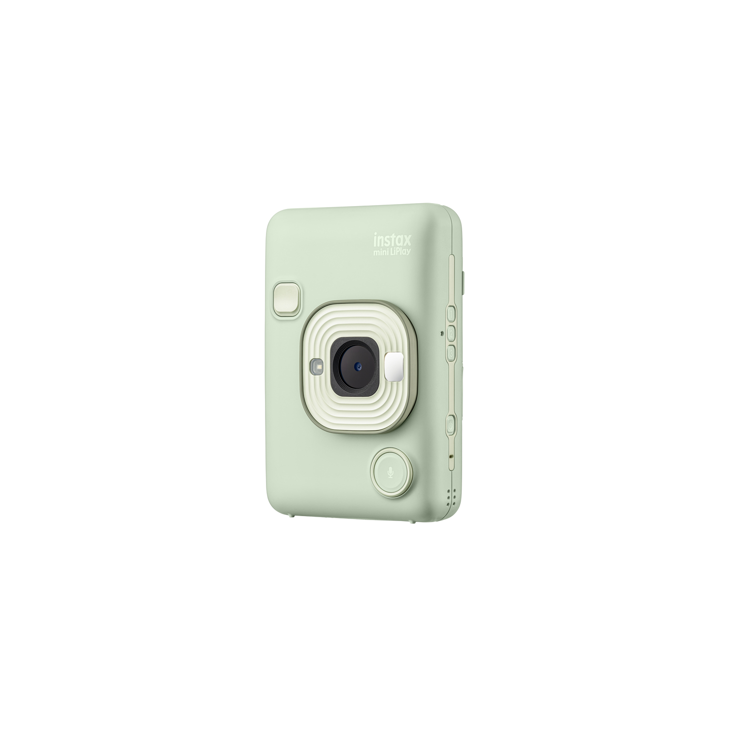A light green Instax Mini LiPlay camera with a lens, buttons, and a screen.