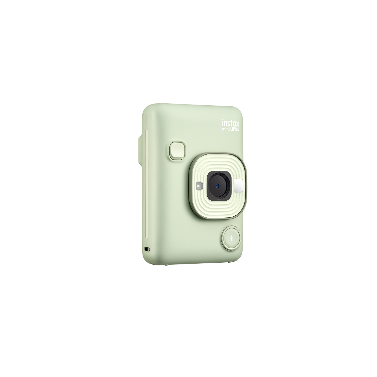 Mint green Instax Mini LiPlay camera. White background. Front view, with lens and buttons visible.