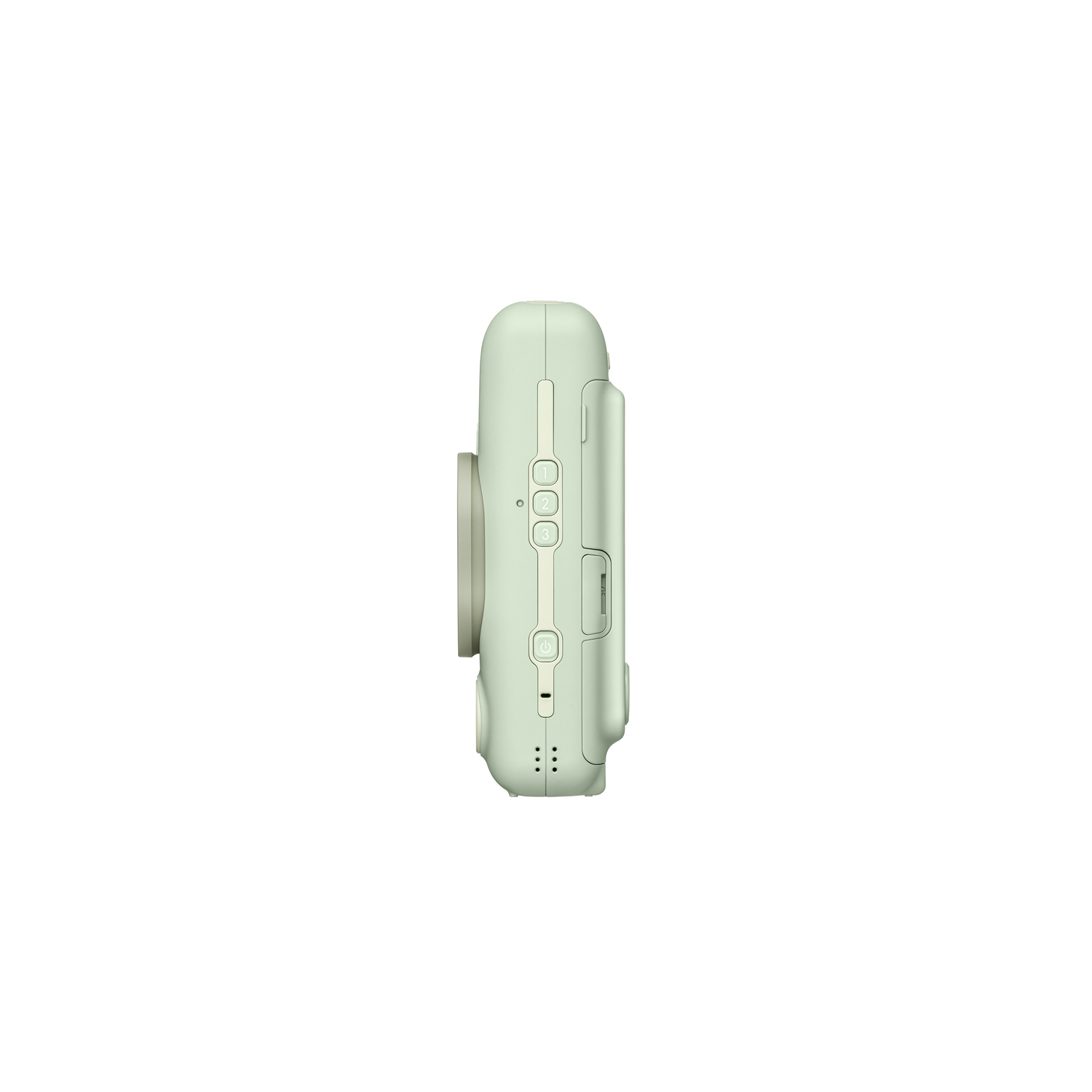Side view of a light green camera with a lens and buttons. White background.