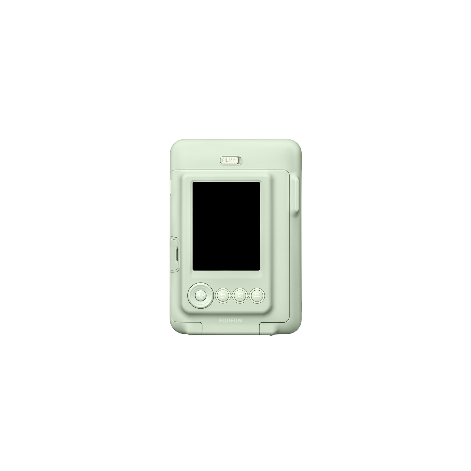 Mint green instant camera. Black screen, four buttons, and FujiFilm logo.