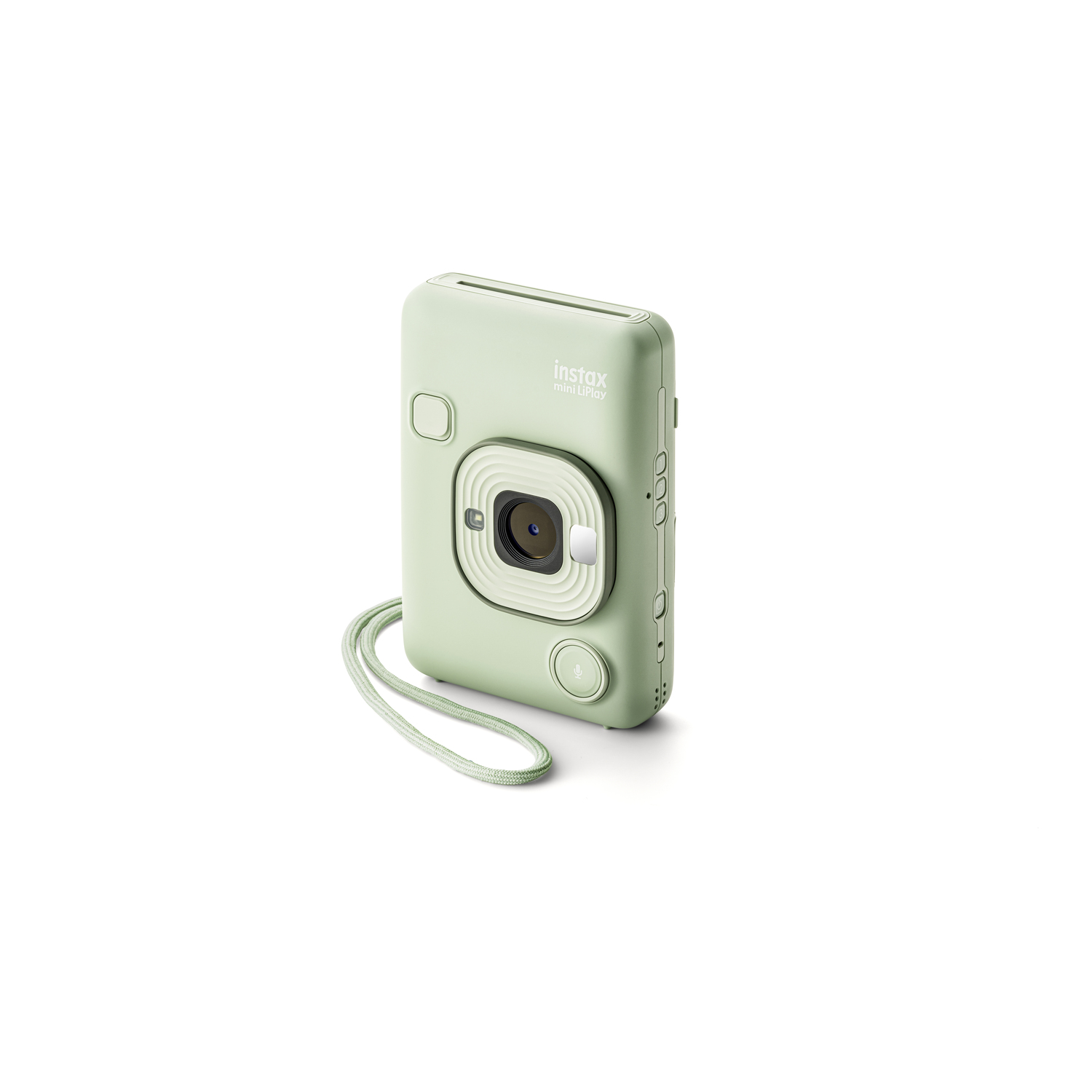 Green Instax Mini LiPlay camera, with a lens and a strap.