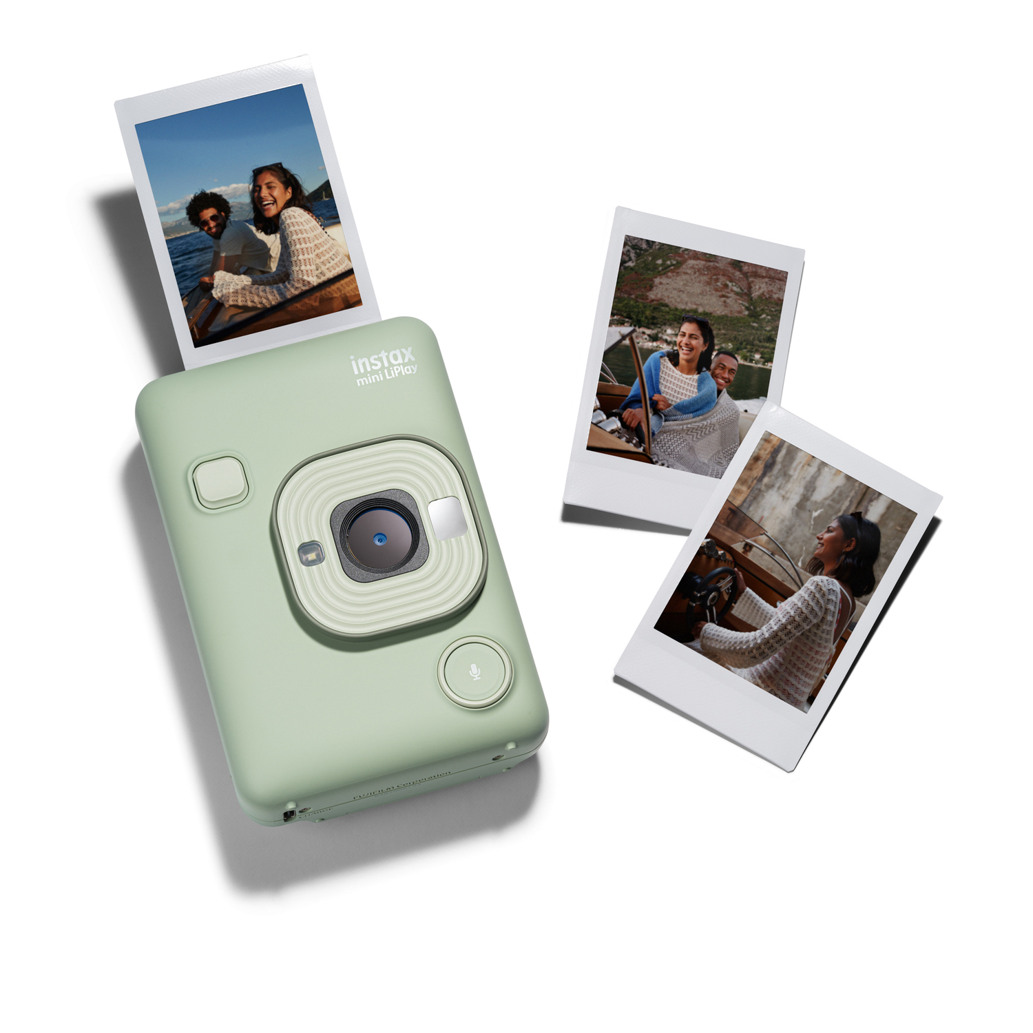 Green Instax Mini LiPlay camera with photos, white background.