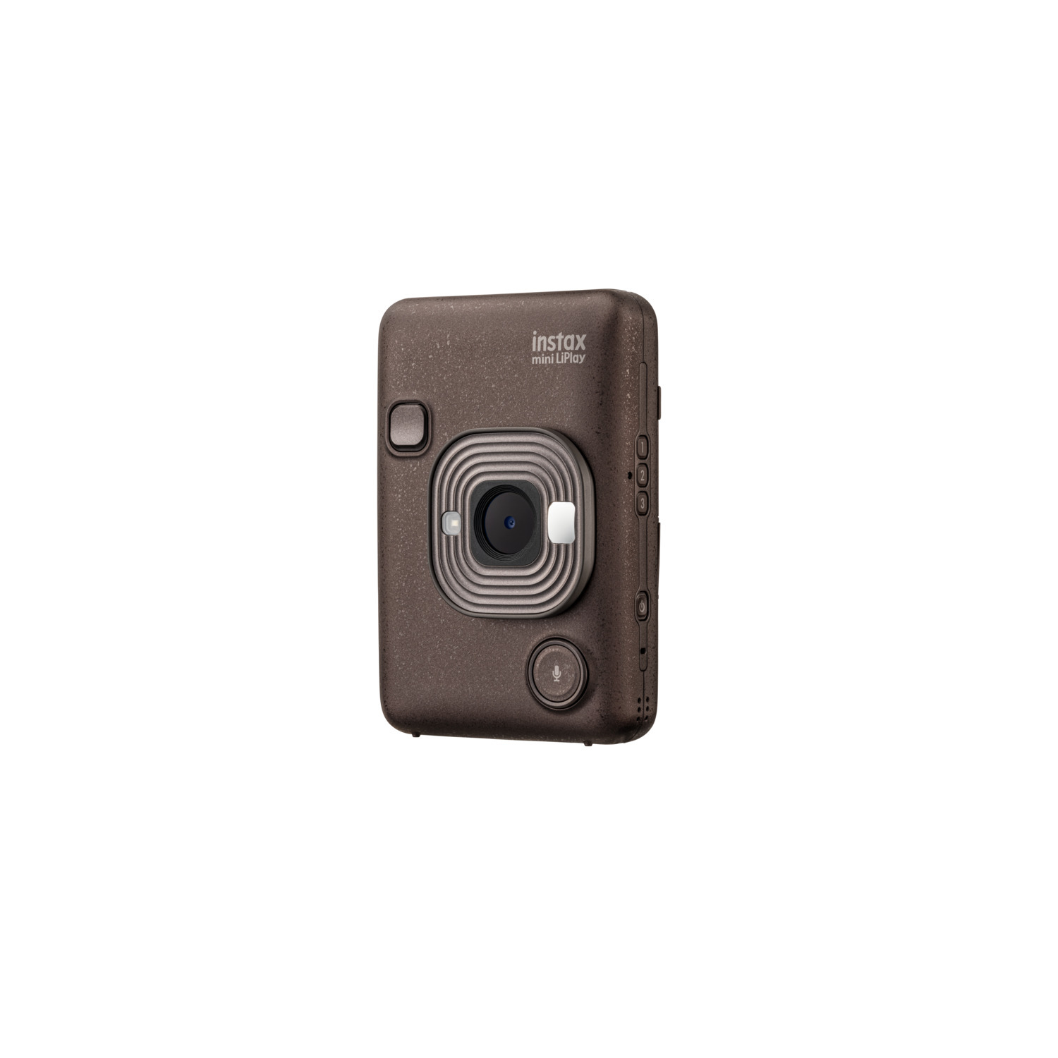 Brown Instax mini LiPlay camera on white. The camera is in the center with a lens.