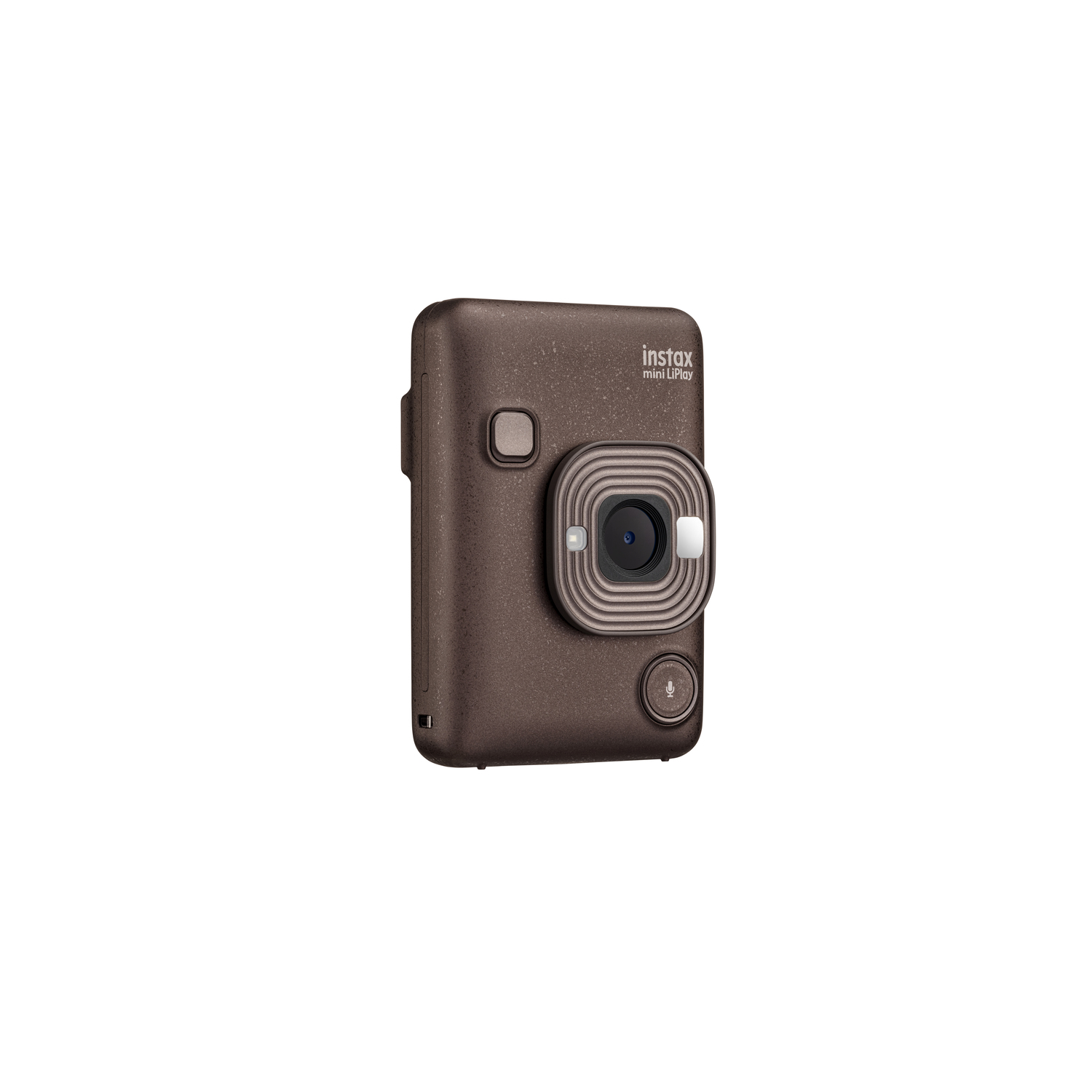 Instax mini LiPlay camera, brown color. Has a lens and a button on the front, and a small microphone.