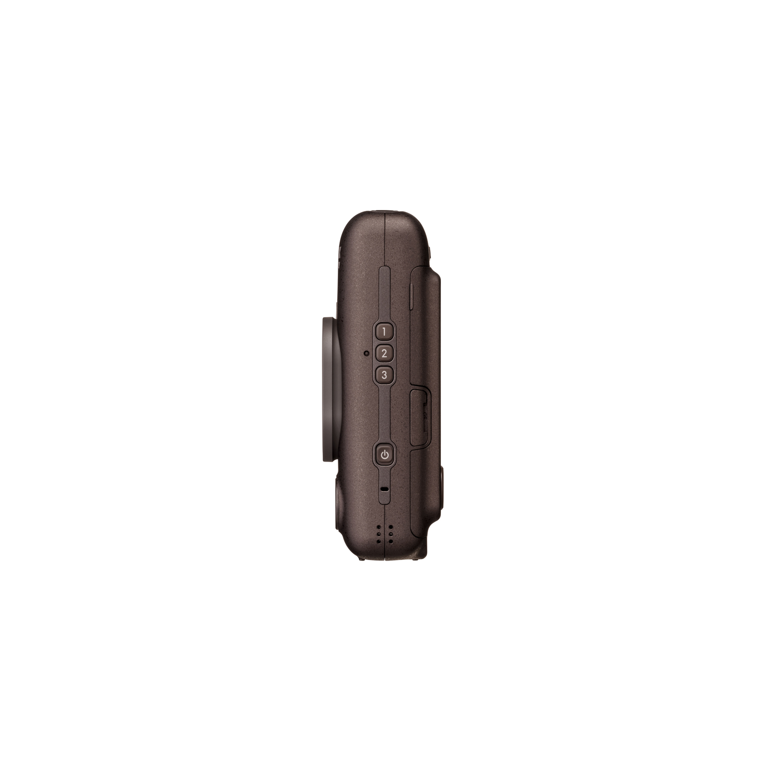 Side view of a dark brown camera with buttons and a lens.
