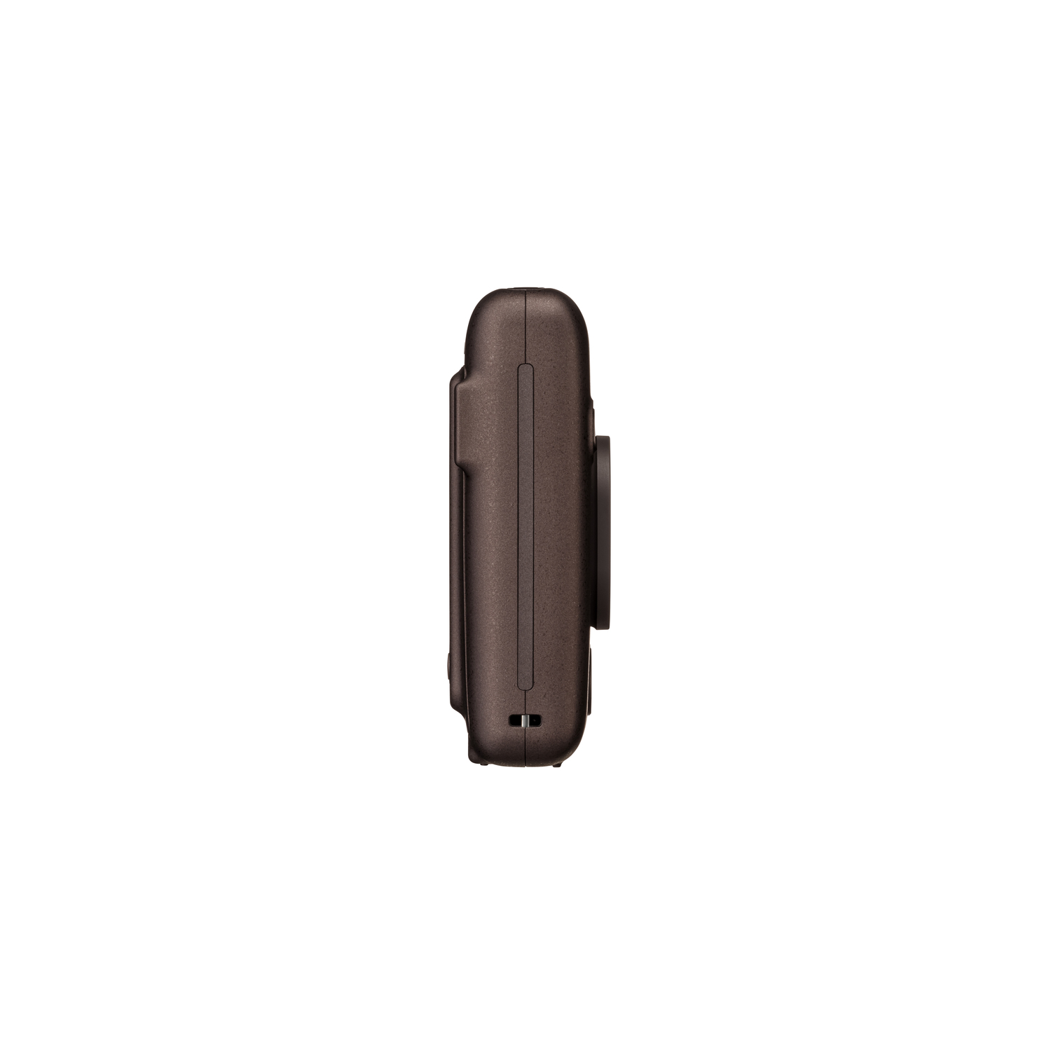 Dark brown side view of a small device with a circular button.