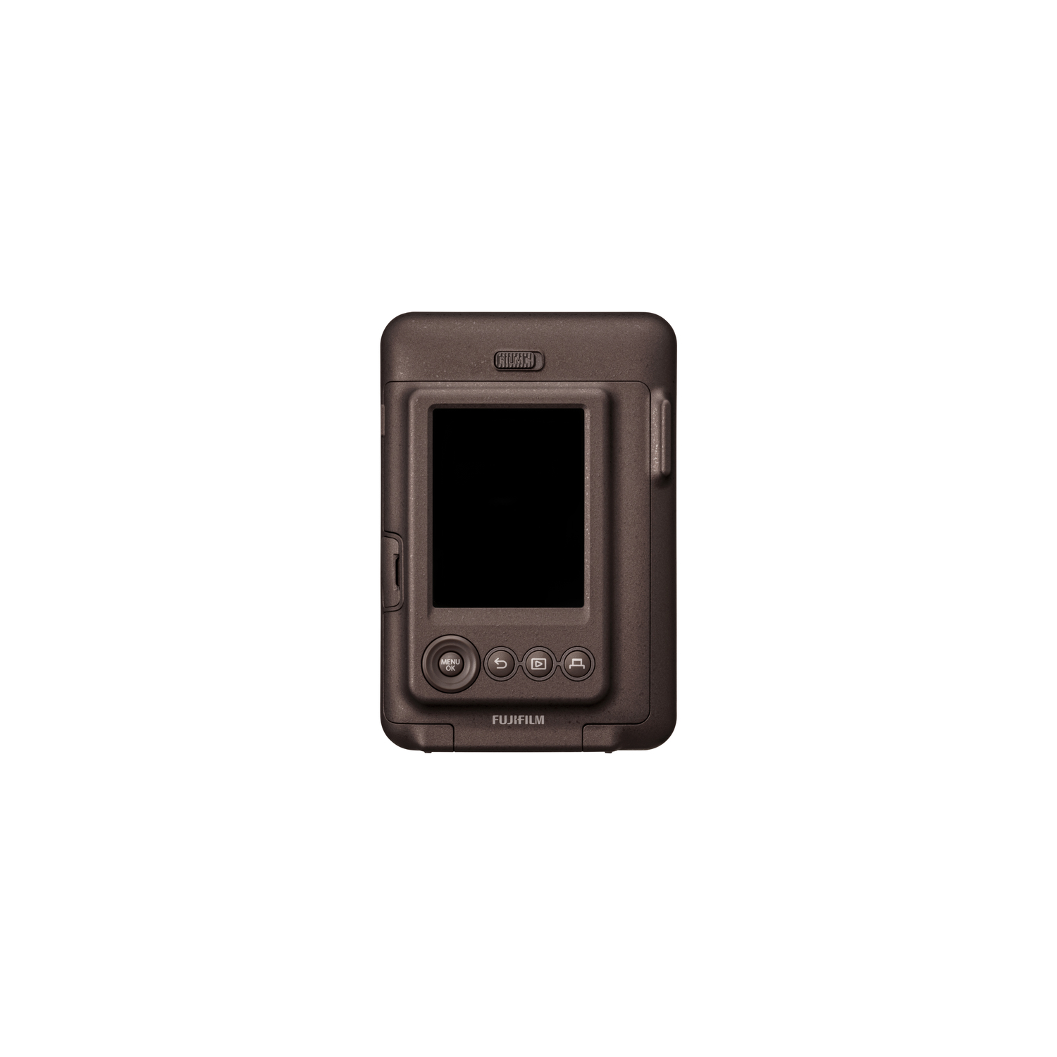A brown instant camera. It has a black screen and three buttons. Fujifilm logo.