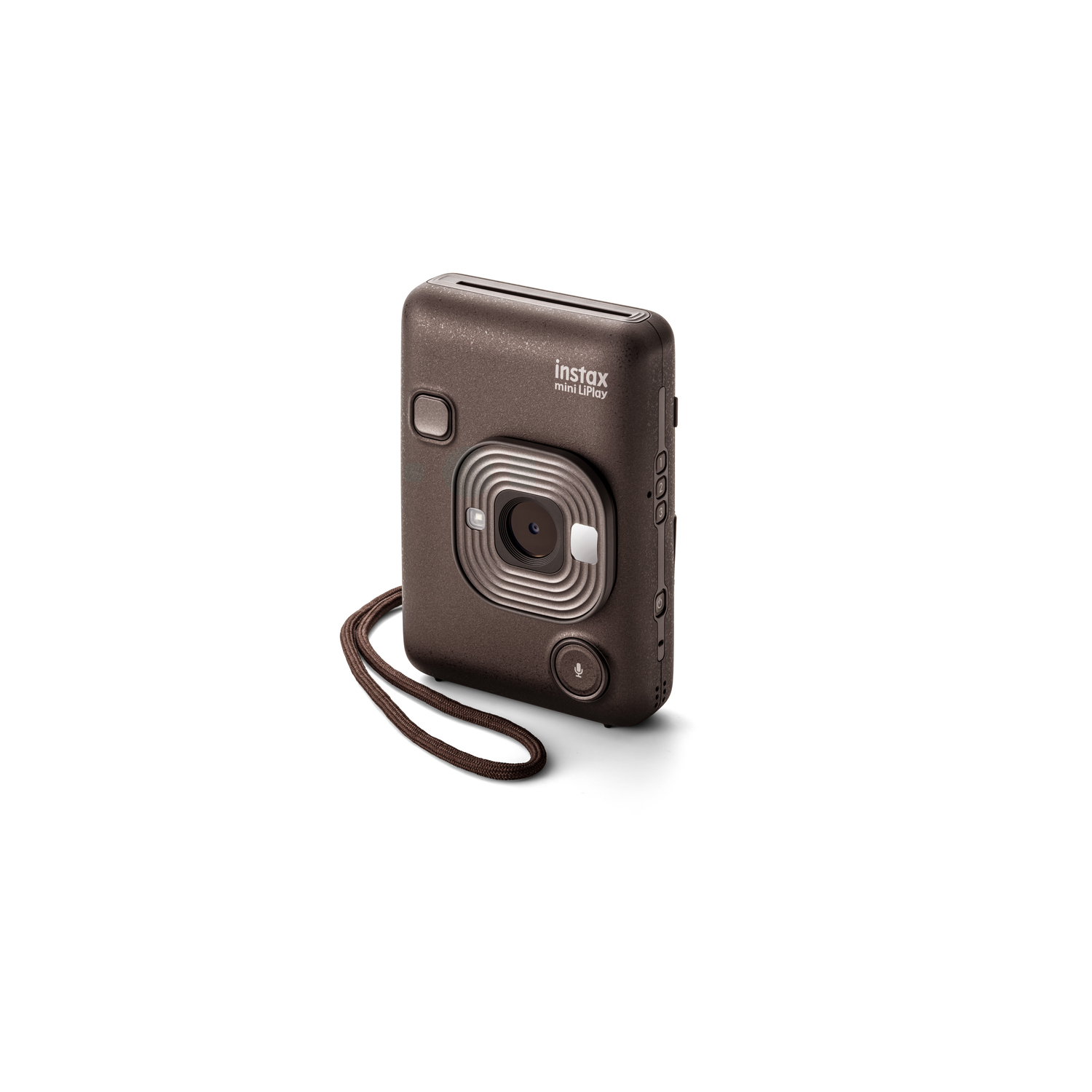 A brown Instax Mini LiPlay camera. It has a lens, buttons, and a wrist strap.